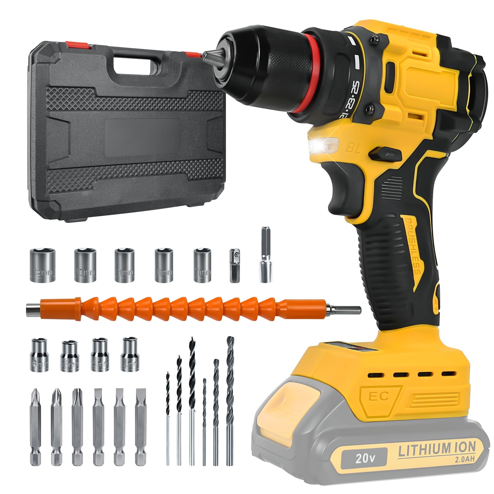 Cordless Drill Driver, Electric Drill for Dewalt 20V Battery, Brushless Drill Driver with 2 Variable Speeds, 25+1 Torque, 3/8