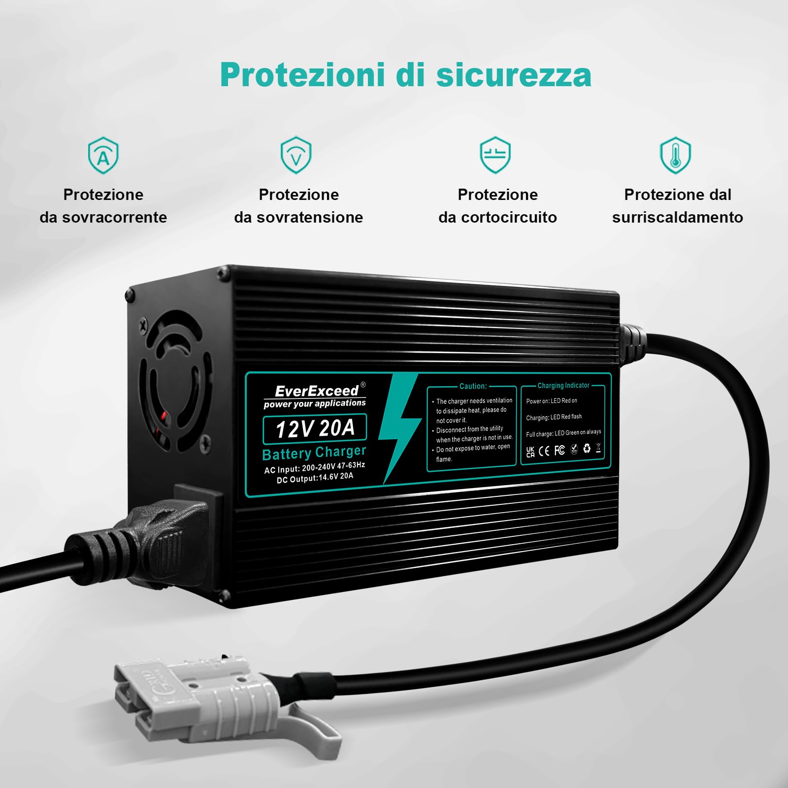EverExceed Caricabatterie Lifepo4 12V 20A Lifepo4 Charger 14,6V AC-DC, Carica Batterie Litio 12V 20A per Lifepo4 batteria al litio a ciclo profondo di auto Marine RV