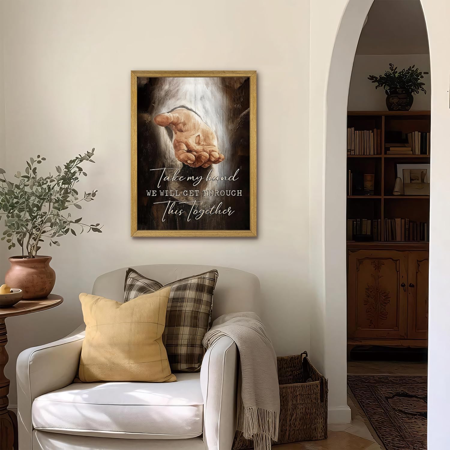 Framed Jesus Wall Art Christian Canvas Wall Decor Painting The Hand of God Posters Prints Pictures Inspirational Art Decorative Oil Paintings for Church Prayer Room Living Room Home 16x24 Inch