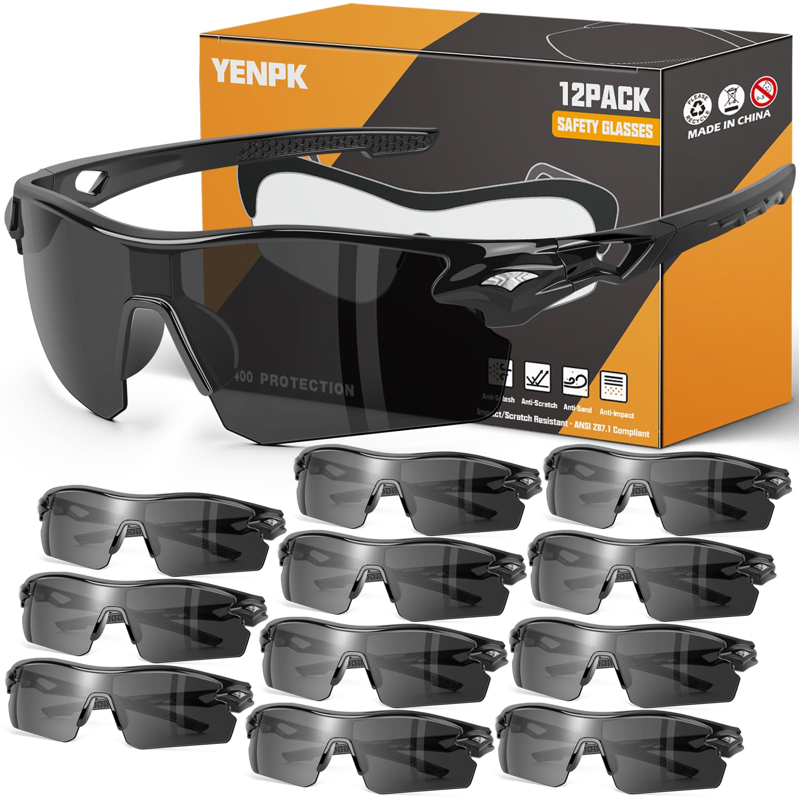 ANSI Z87.1 + okulary ochronne UV, odporne na uderzenia, odporne na zarysowania, dla mężczyzn i kobiet, 12 szt