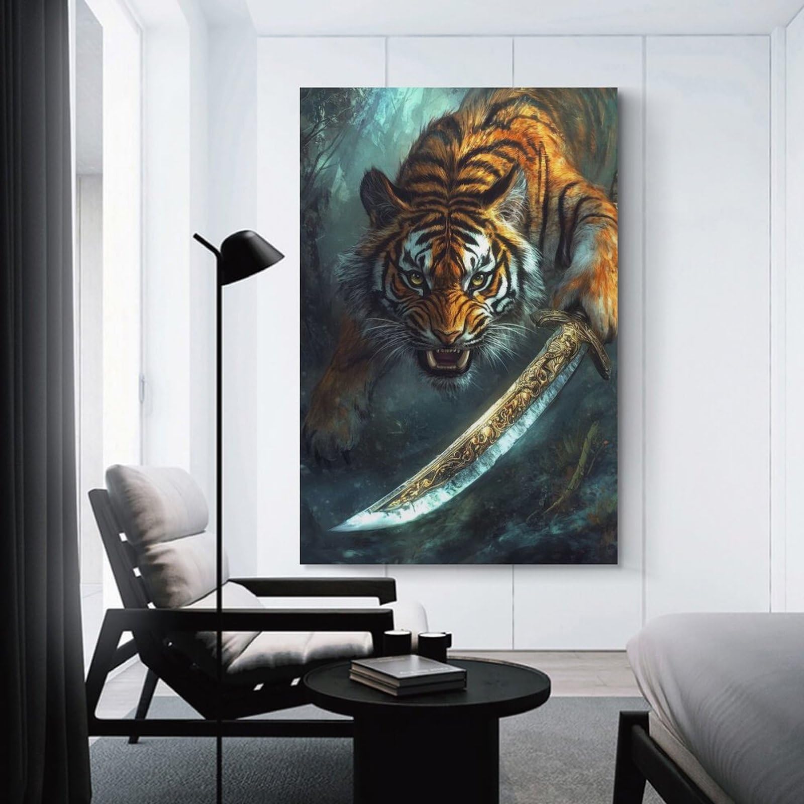 Junmoney Unframe-Style-7 Tiger With Sword In Jungle Home Decor Wall Art 24X36inch(60X90cm), For Bedroom, Guest Room Or Reading Nook, Decorative Wall Art For Cosy Rooms
