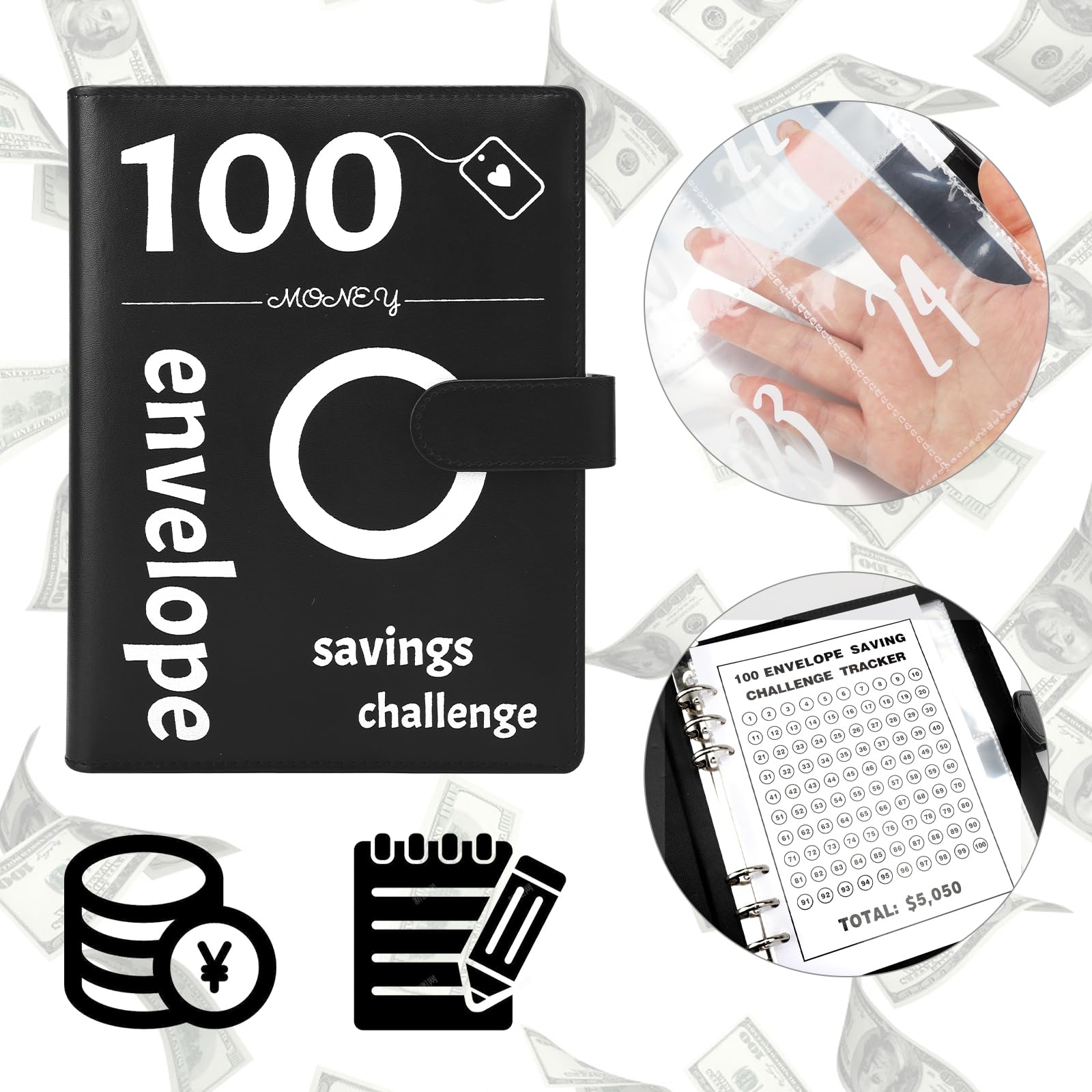 100 Envelope Challenge Binder, Buste Sfida Binder, Cartella Budget per risparmiare €5,050, Sfida risparmio per pianificatori di bilancio (nero)