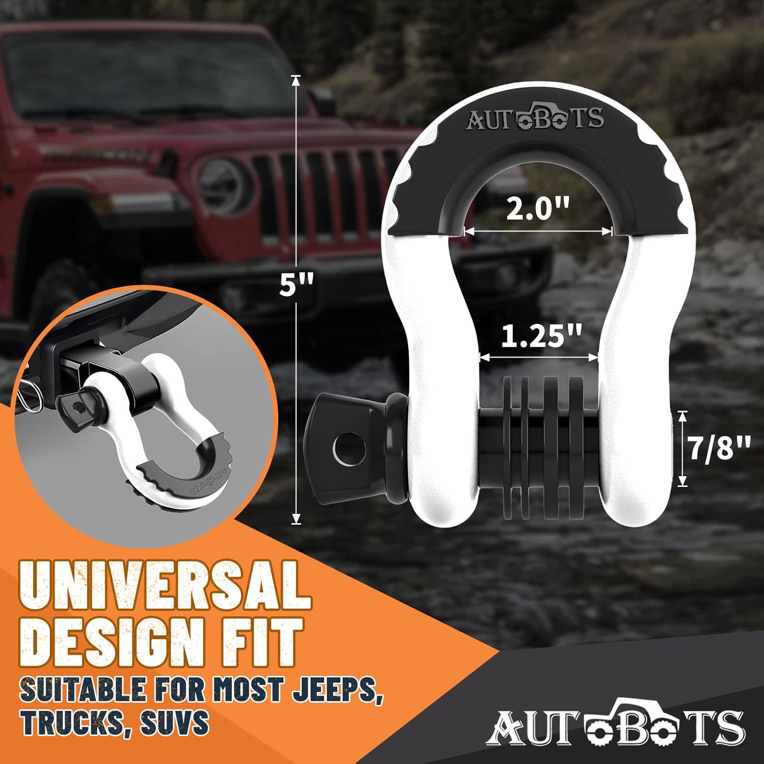 AUTOBOTS 3/4" D Ring Shackles (2 Pack), D Rings Heavy Duty 48,000Ib Break Strength with 7/8" Pin, Tow Hooks for Offroad Vehicle Truck Recovery White - Image 3
