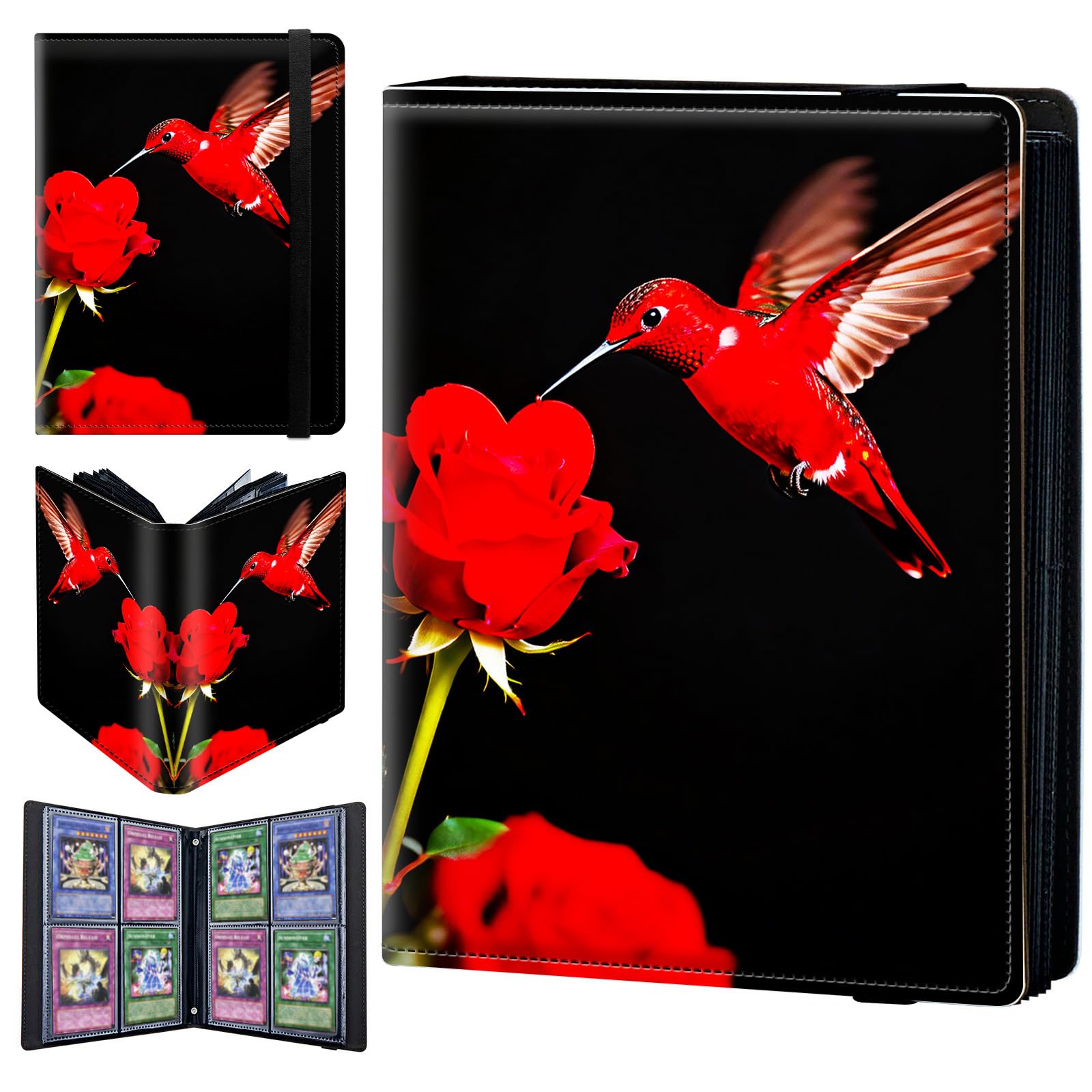 4 Pocket Trading Card Binder 400 Side Loading Pocket Album with Red Roses and Hummingbirds Pattern Design Card Binder for Sports Cards & Game Cards