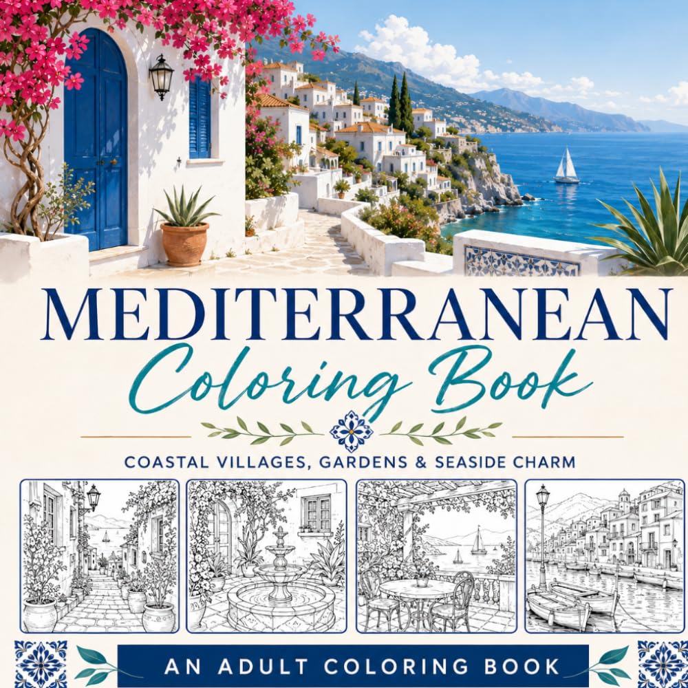 Mediterranean Coloring Book - Coastal villages, gardens and seaside charm: A Relaxing Escape Through Coastal Villages, Lemon Trees, Garden Terraces & Seaside Charm