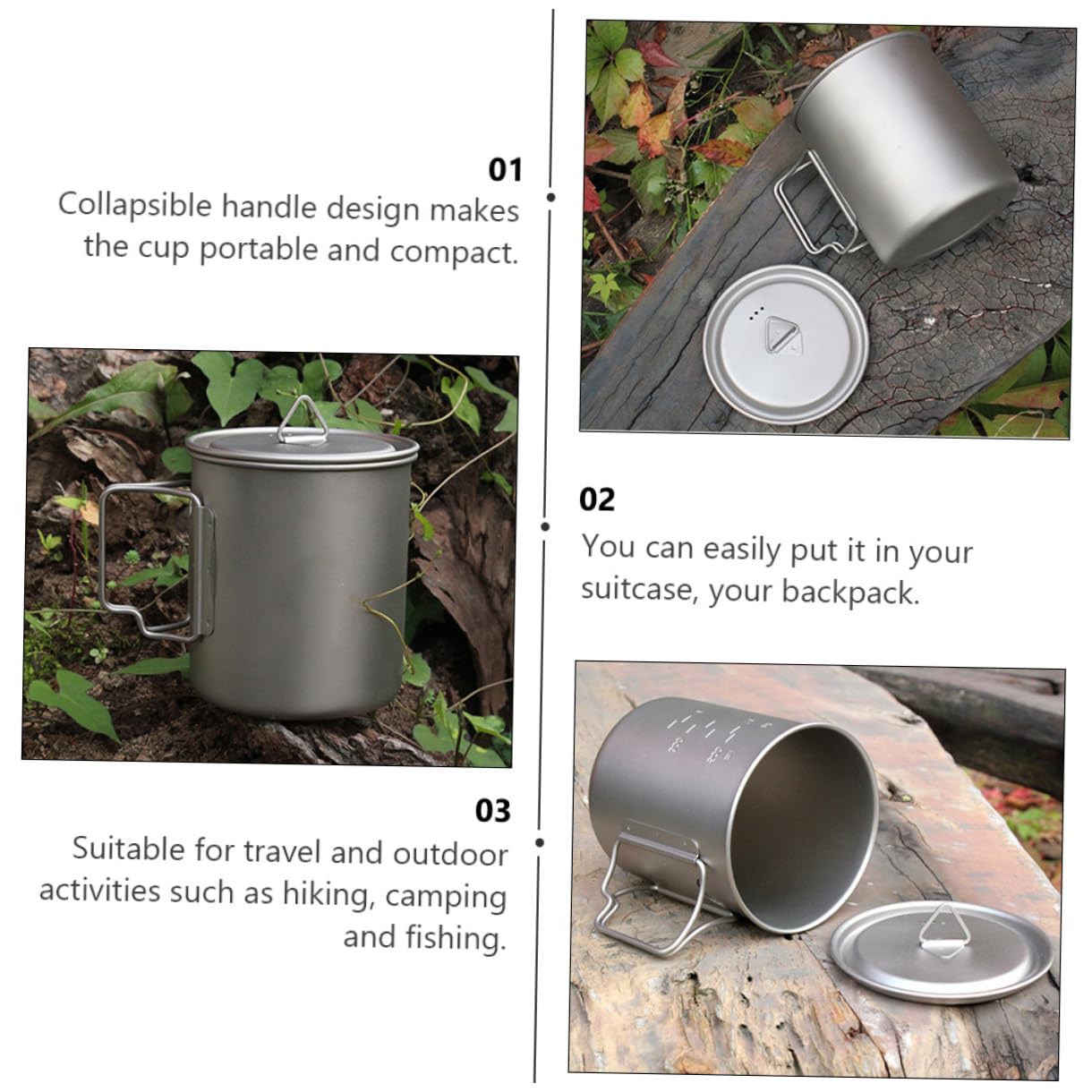 Mipcase Tasse de Camping en Titane 750ml avec Poignée Pliable Argenté