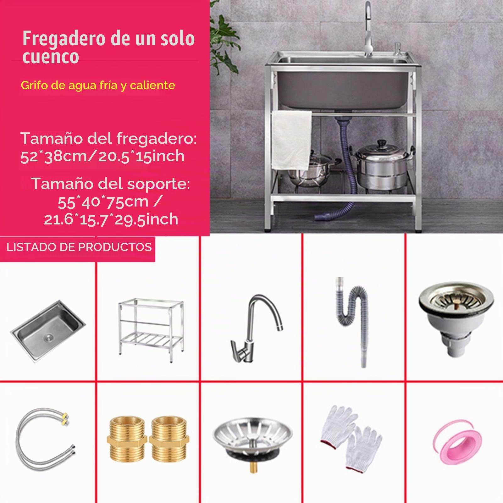 Fregadero de Acero Inoxidable de Un Seno Con Grifo y Escurridor - Pie Libre Para Garaje, Restaurante, Cocina, Cuarto de Lavado, Interior y Exterior (C)