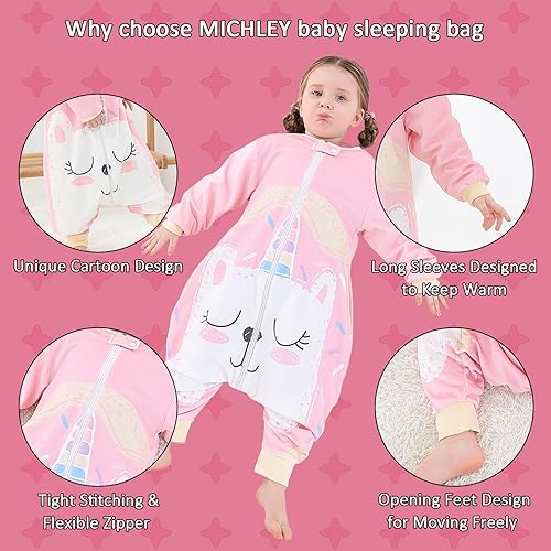 Miniatura 2 de MICHLEY Saco de dormir para bebé, de manga larga con pies, manta de invierno para niños y niñas, gato, 1-3 años