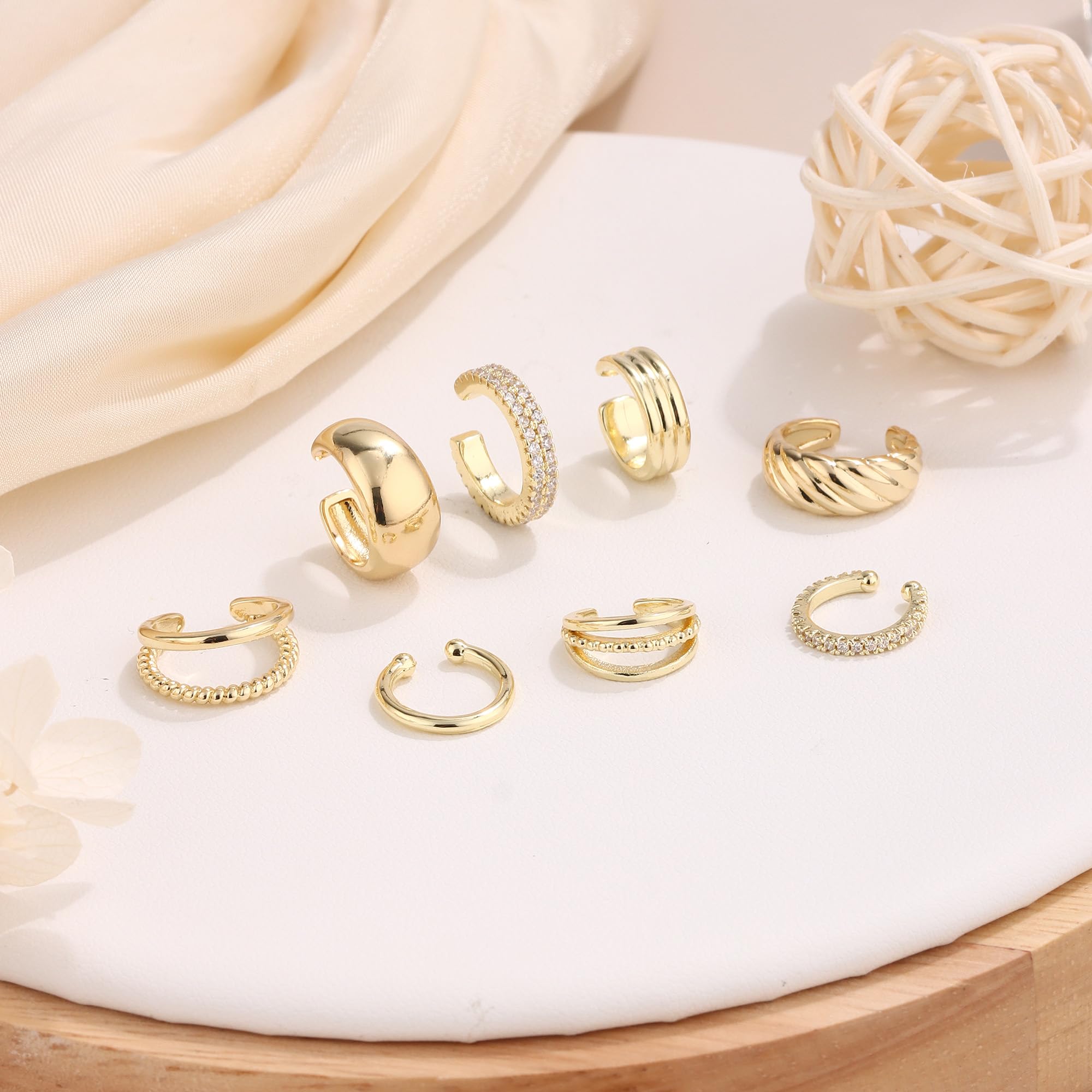 WAINIS 16PCS Ear Cuff Earrings for Women Non Piercing Gold Silver Ear Cuffs 14k Gold Tone Clip On Cartilage Earrings Lightweight Fake Earrings Set