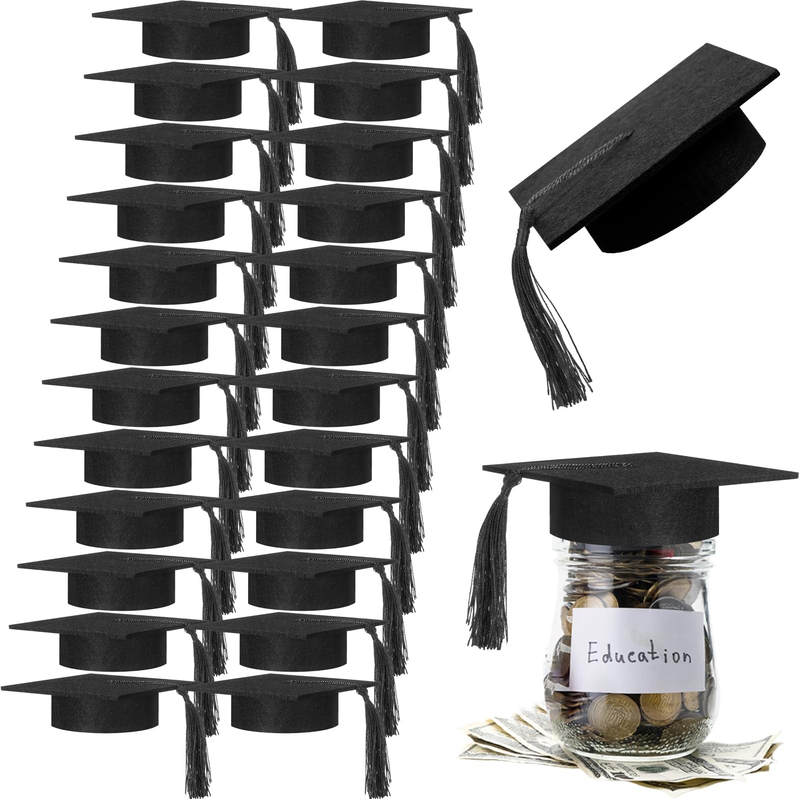 mindsoft 24 pcs 2026 graduation cap decorations mason jar lid with tassels 4.2 inch grad hat large mason can toppers for 2026 graduation party supplies table (black tassels)