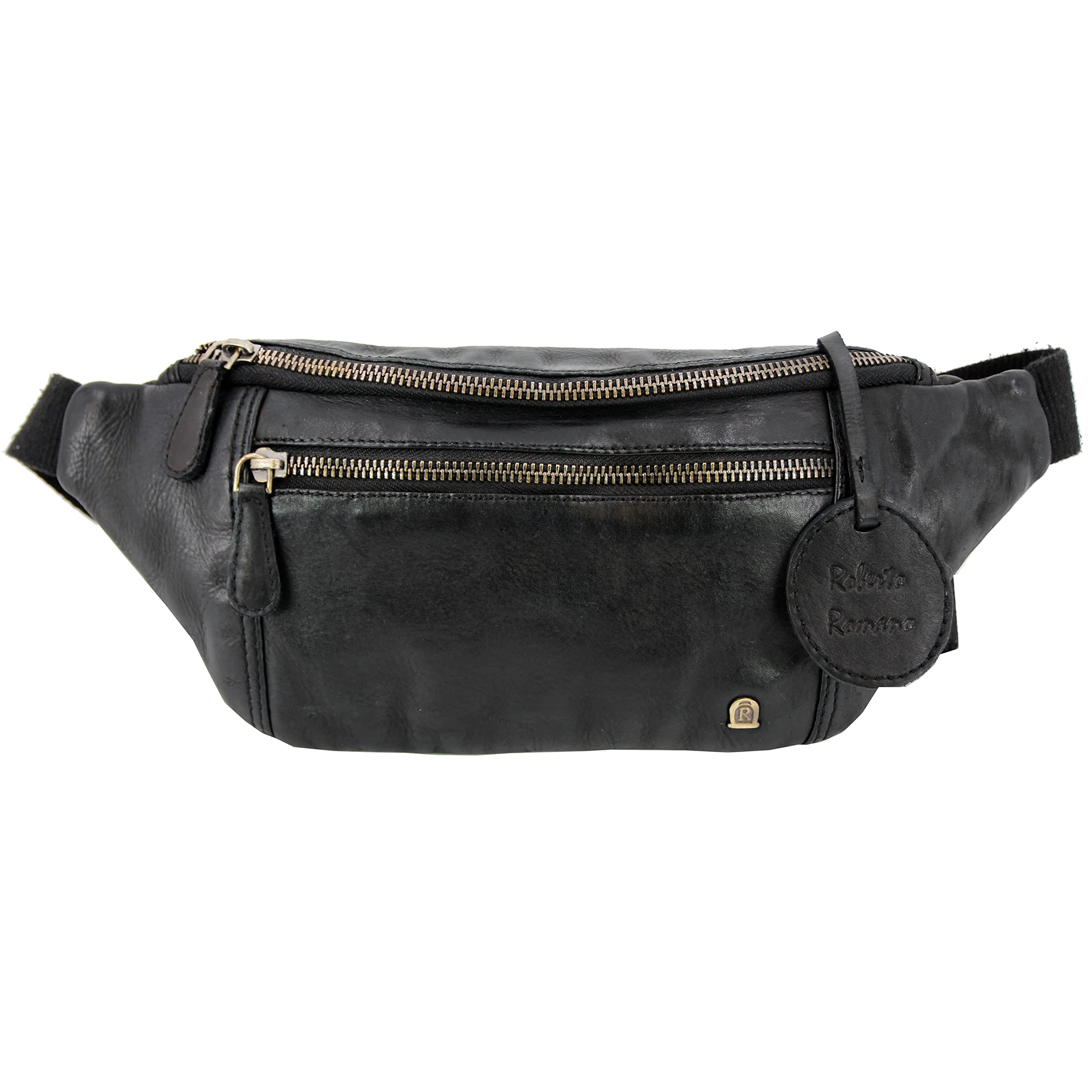 Roberto Romano handgefertigte Hüfttasche Bologna aus Echtem Leder in schwarz 48204 | Bauchtasche, Crossbody Bag, Gürteltasche | Modernes Design für Urlaub, Wochenende, Festival oder den Spaziergang