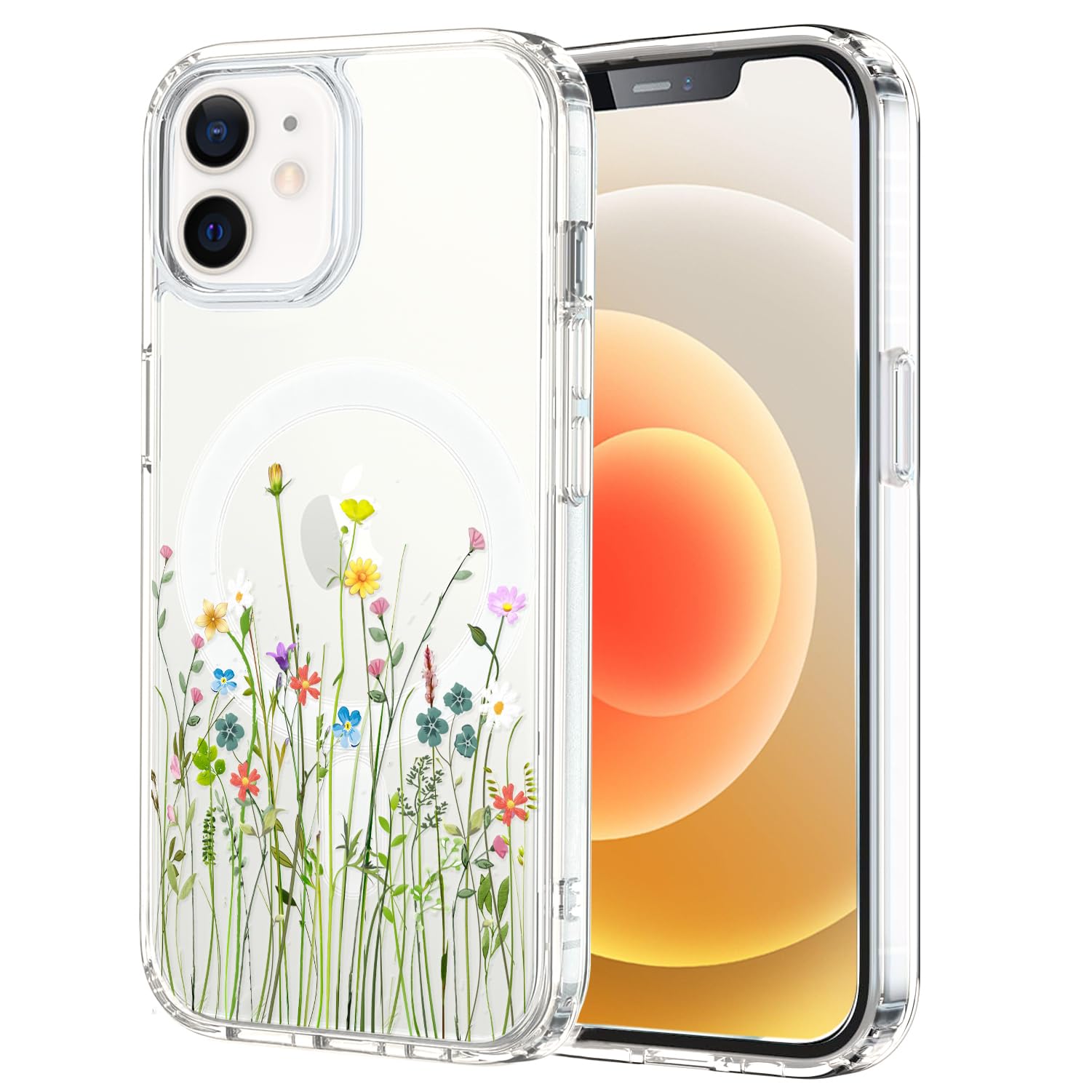 UnovCase Compatible with iPhone 12 iPhone 12 Pro Case Magnetic Clear with Design Compatible with MagSafe Slim Protective Soft TPU Bumper with Hard PC Back Embossed Pattern (Flower Bouquet)