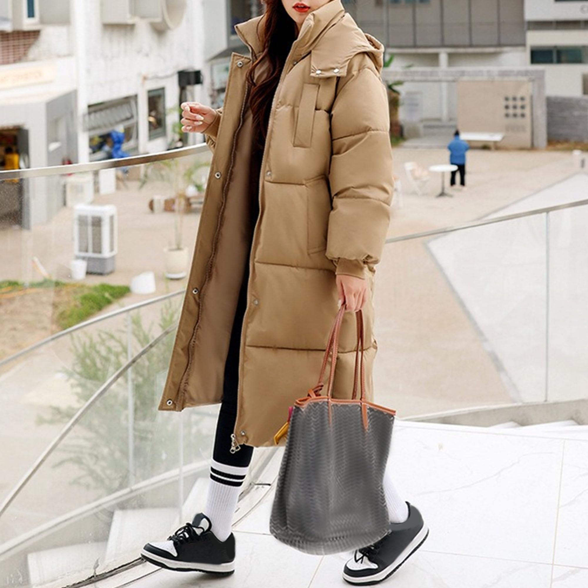 Giacca invernale da donna, casual, lunghezza al ginocchio, con cappuccio e