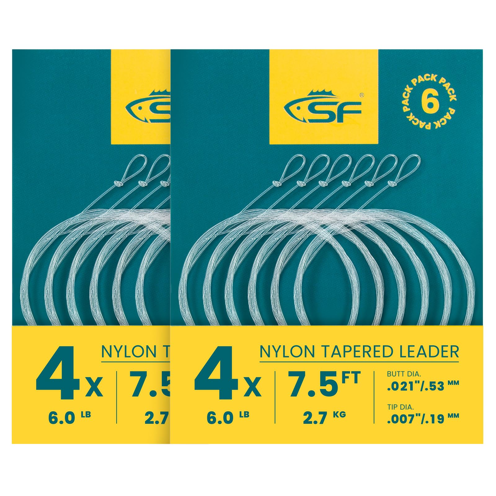 SF 6 Pack Pre Knotted Nylon Fly Fishing Lines 7.5ft 9ft 12ft 0x1x2x3x4x5x6x7x