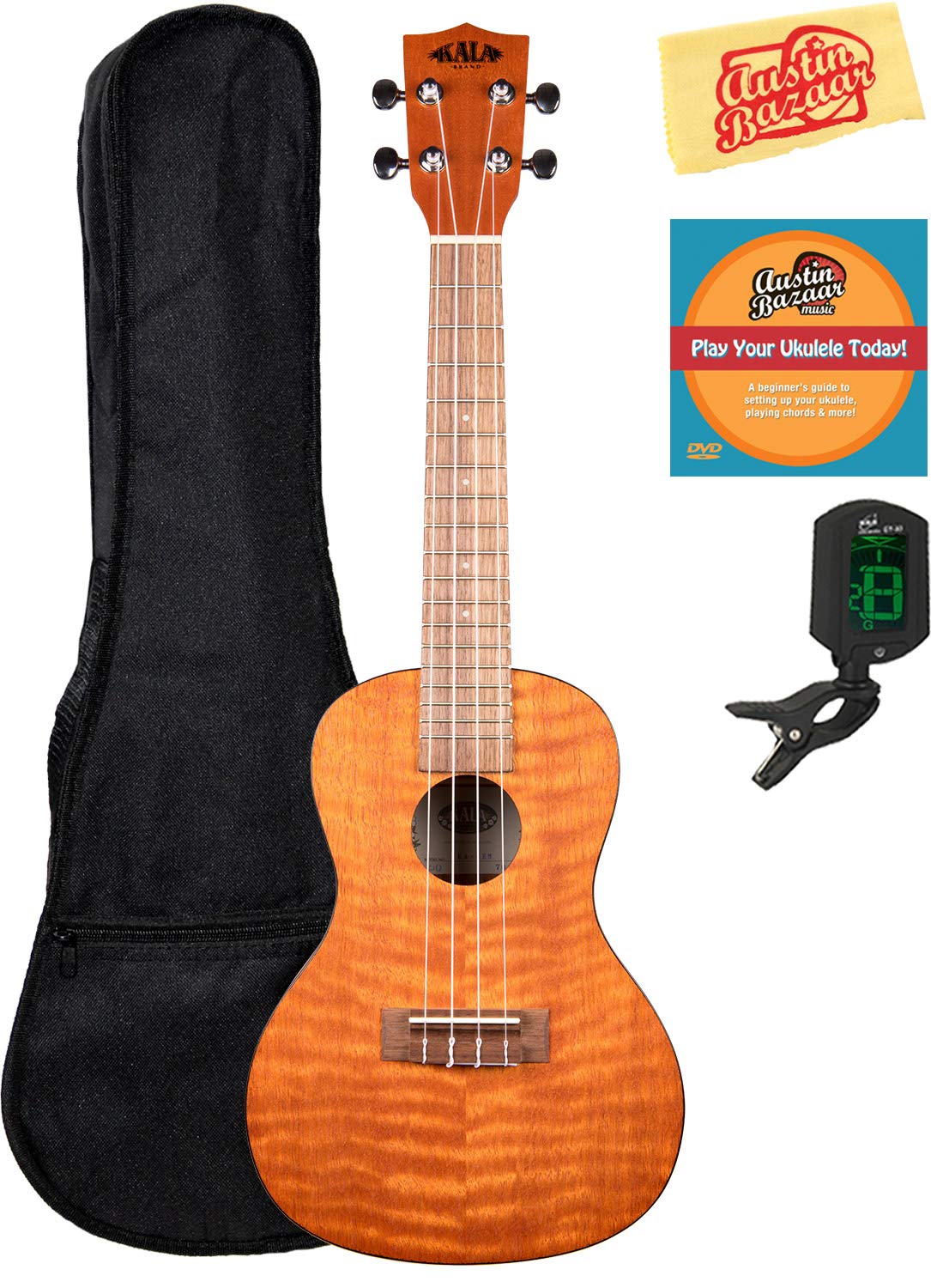 KalaKA-CEM Exotic Mahogany Concert Ukulele Bundle with Gig Bag, Tuner, Austin Bazaar Instructional DVD, and Polishing Cloth
