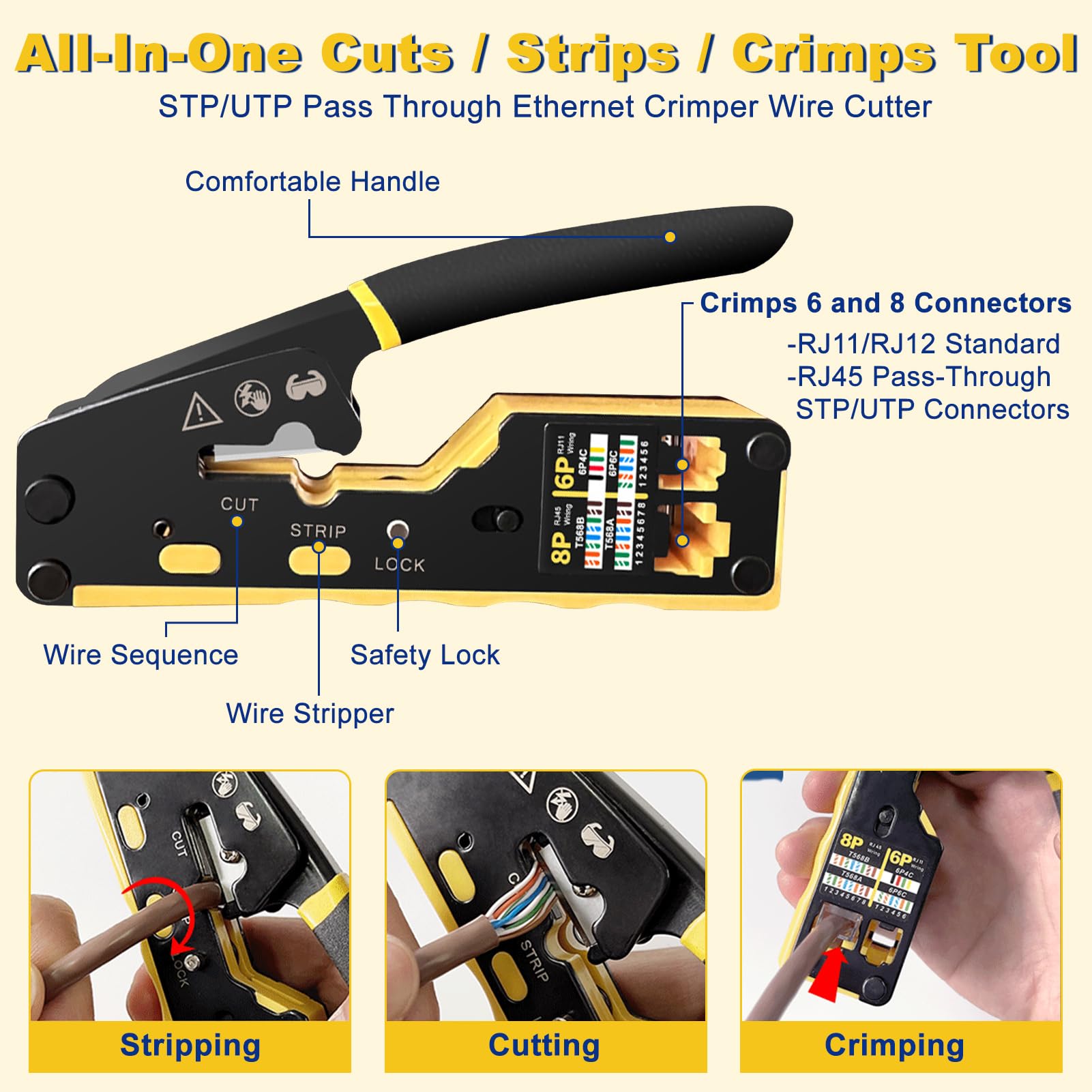 Crimpatrice RJ45 per connettori modulari Cat5e, Cat6, Cat6a, 8P8C, All-in-One Cat6 e tester (batteria da 9 V non inclusa) (60)