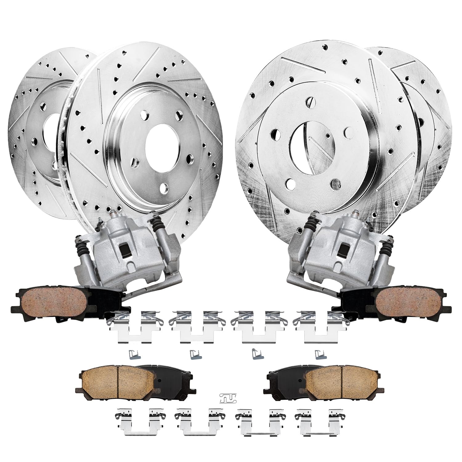 Detroit Axle - Front Rear Drilled Brake Rotors Brake Pads and 2 Front | Calipers for Lexus RX330 RX400h RX350 Toyota Highlander Replacement