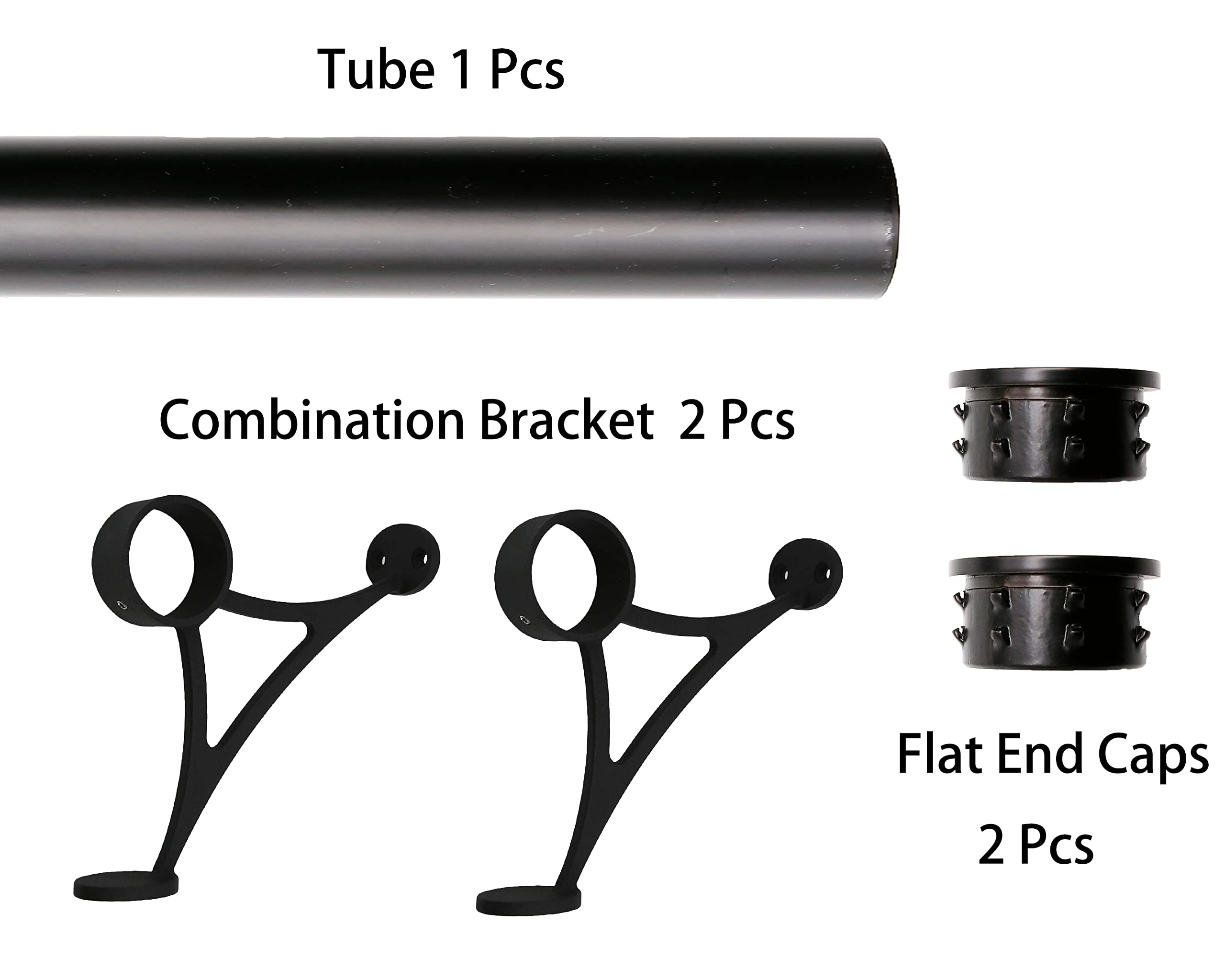 Top Hardware Solid Bar Mount Foot Rail Kit, Matt Black Stainless Steel Tubing w/Internal Connector, Combination Brackets, Flat End Cap, 5 ft = 60 in x 1, 5 ft (60 in x 1)
