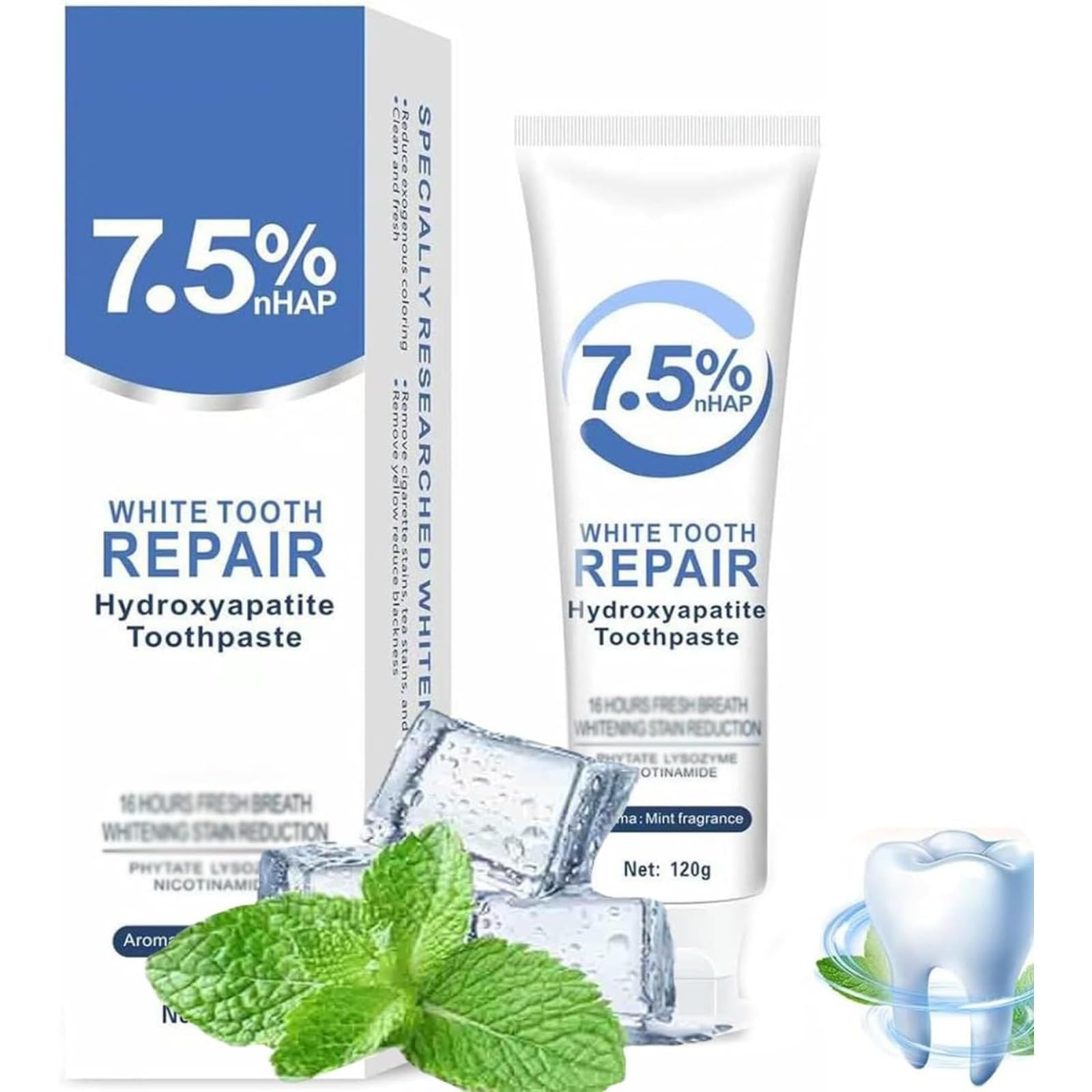 7.5% Hydroxyapatite Toothpaste(Fluoride Free), Nano Hydroxyapatite Toothpaste for Sensitive Teeth, Enamel Protection, Tooth Strengthening, Fresh Mint