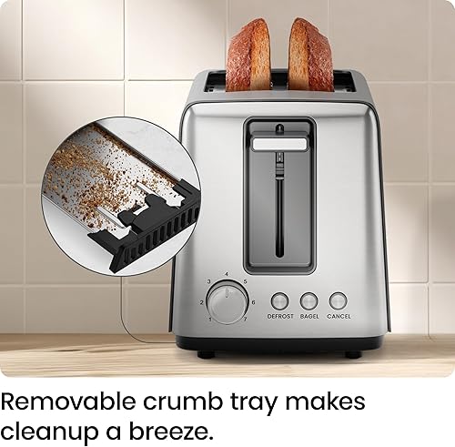 Miniatura 6 de Chefman Tostadora de 2 rebanadas, 7 ajustes de sombra, bandeja extraíble para migas, tostadora de pan grueso y bagel con botones de descongelación y