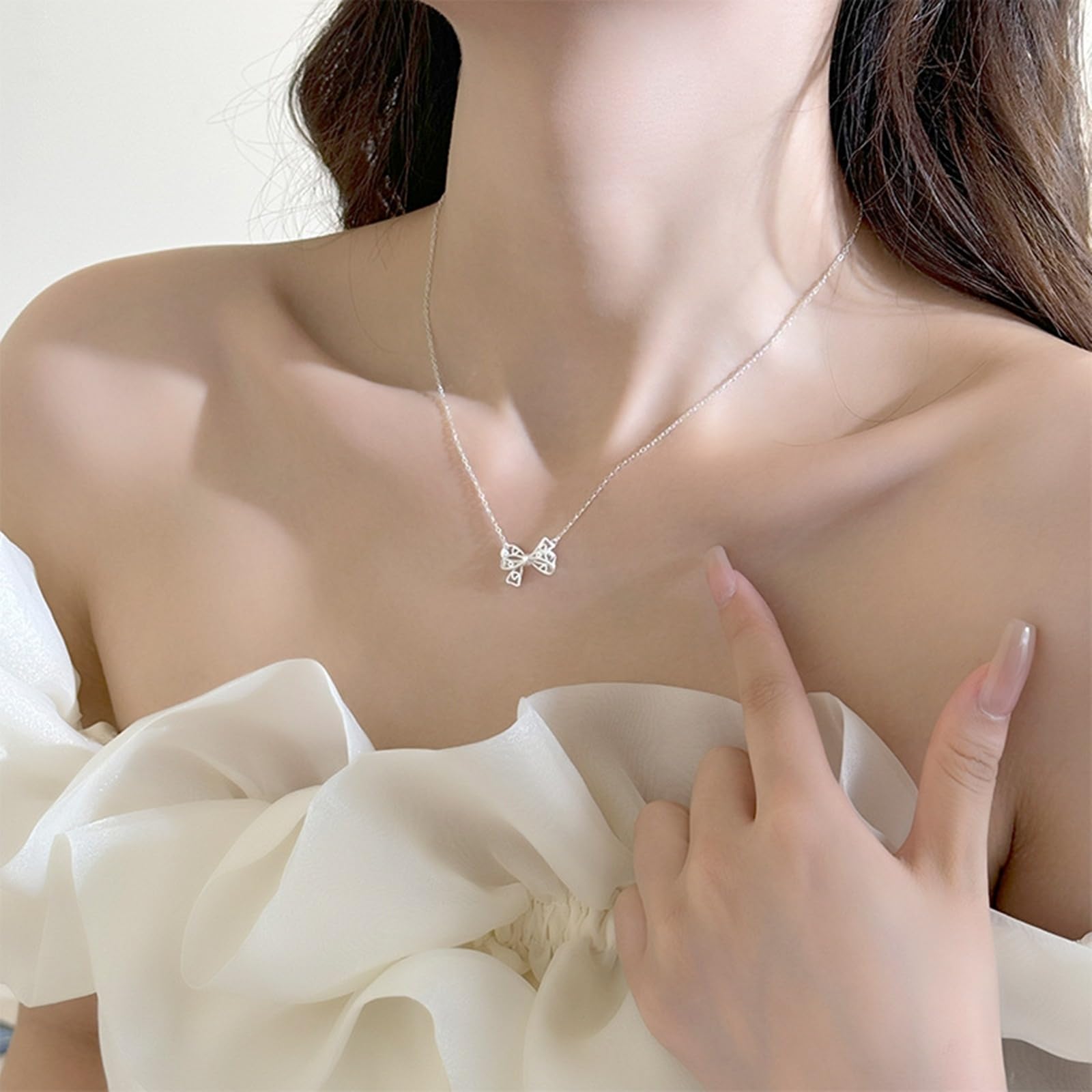 Ciondolo per Collana Donna Oro Bianco 18kt/14kt/9kt, Collane Pendente Fiocco Gioielli Da Fidanzati, Catena Regolabile 40+5 cm