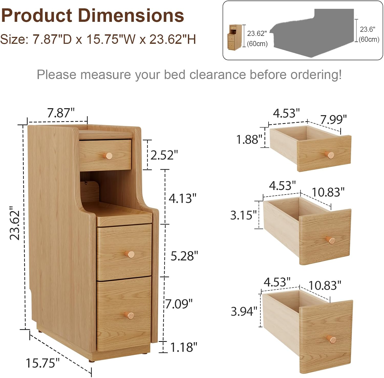 narrow nightstand with 3 drawers,solid wood narrow bedside table natural, modern skinny nightstand for bedroom(fully assembly) natural?15.75"d x 7.87"w x 23.62"h?