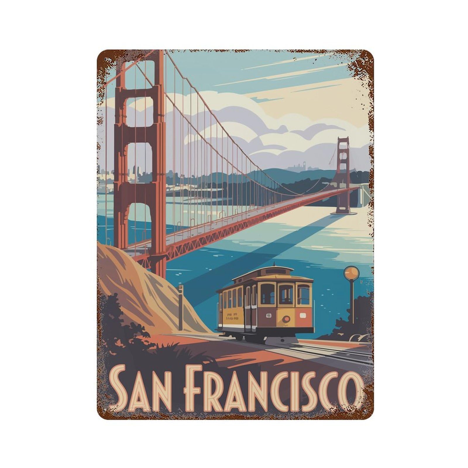 San Francisco Travel 15.7"x11.8" Rust Effect Tin Sign, Decorative Metal Wall Art for Garage, Bar And Workshop Decor