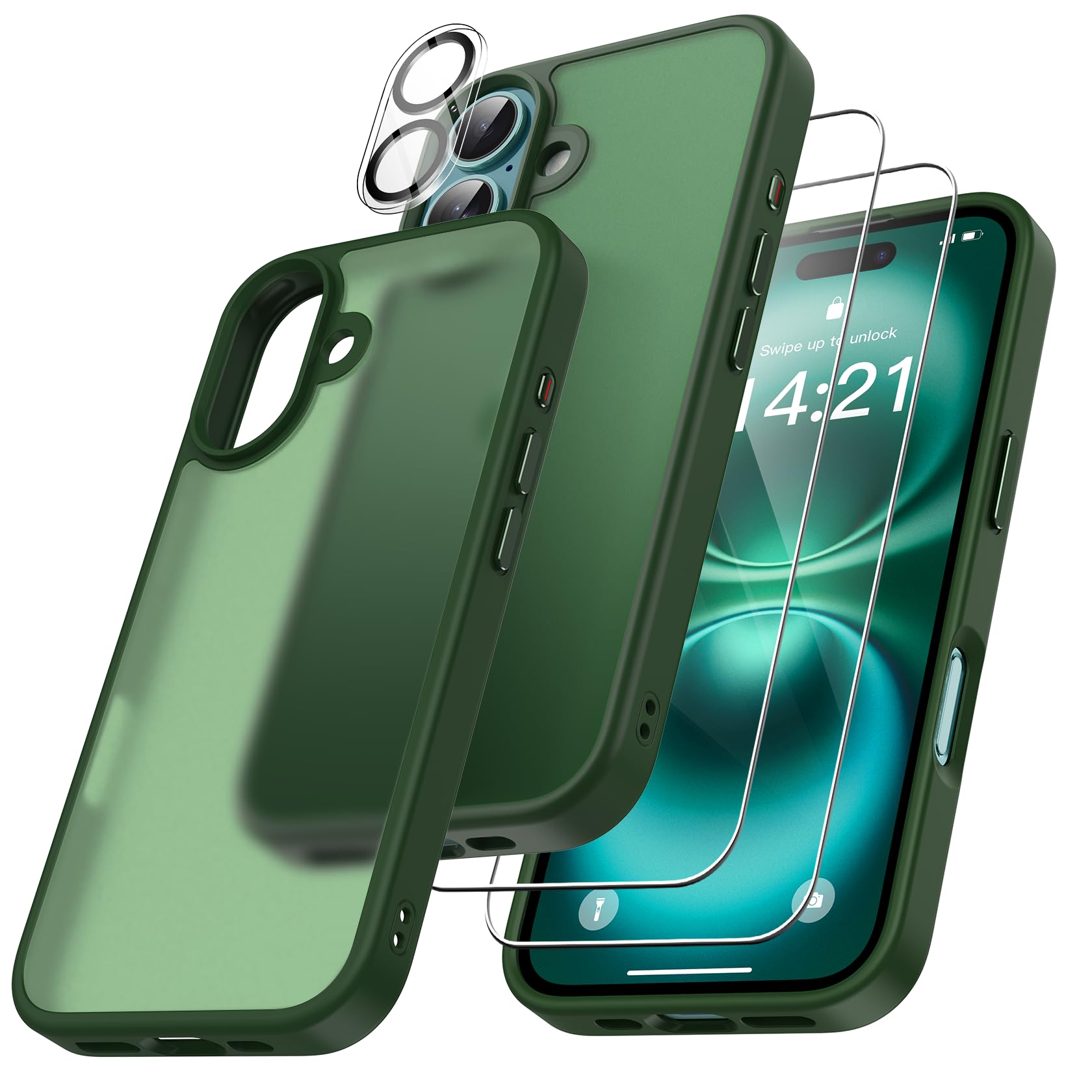 FLLAO 4 in 1 Cover per iPhone 16 Custodia con 2 Pellicola Vetro Temperato e 1 Fotocamera Protettiva, [Cuscino d'aria integrato] Morbido TPU Bumper Protection Cover iPhone 16, Verde