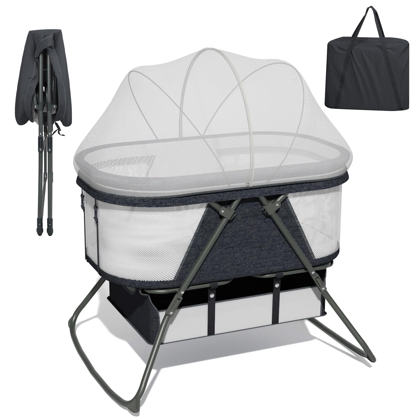 XJD Baby Beistellbett, 2 in 1 Babybett klappbar, Stubenwagen mit Aufbewahrungskorb, Reisebett mit weich Matratze, Transporttasche, Moskitonetz, Babywiege für 0-6 Monate, von Geburt bis 10 kg, Grau