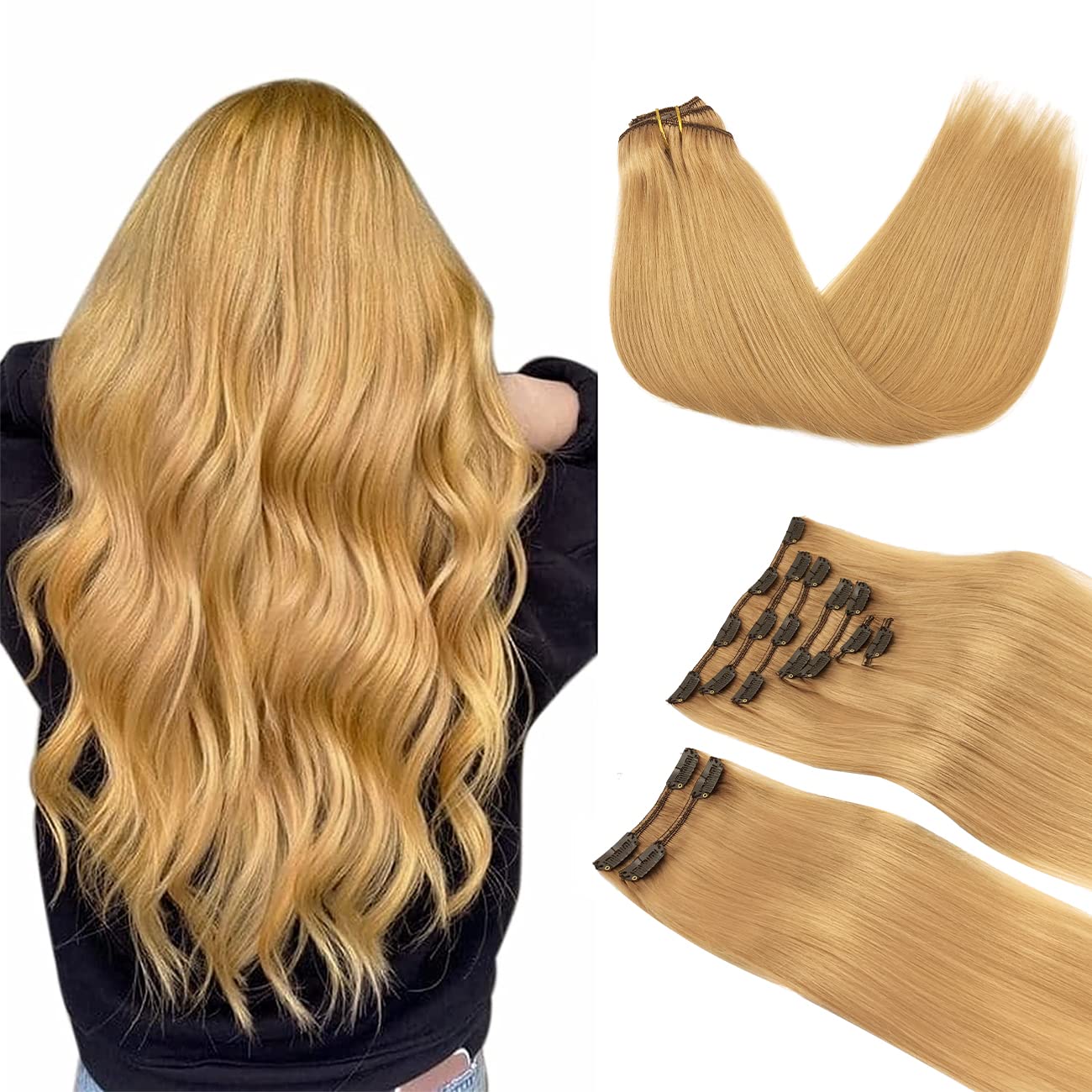DOORES Clip in Hair Extensions Real Human Hair, Honey