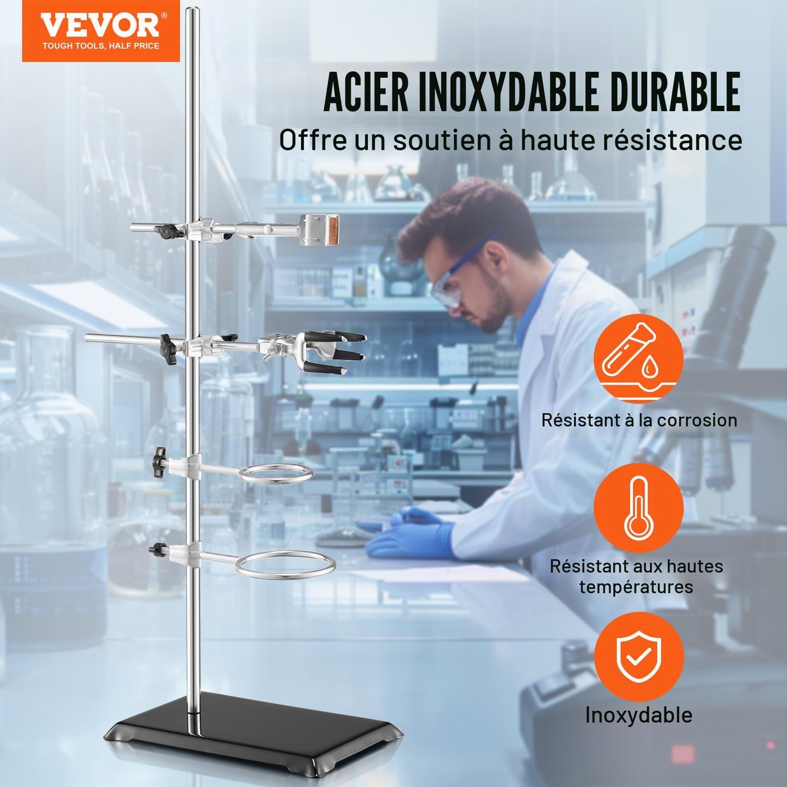 VEVOR Support de Laboratoire, 2 Ensembles de Supports de Cornue de Laboratoire, en Acier, Tige de 60 cm et Base en Fonte de 21x13,5 cm, avec Pinces pour Flacons, Burettes et Pinces Croisées Médecine