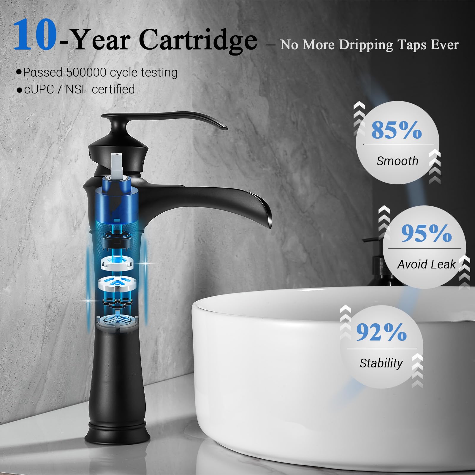 Robinet mitigeur de lavabo à hauteur haute, bec cascade pour salle de bain, robinet de lavabo en laiton, robinet mitigeur moderne à levier unique chaud et froid pour vasques de comptoir, noir