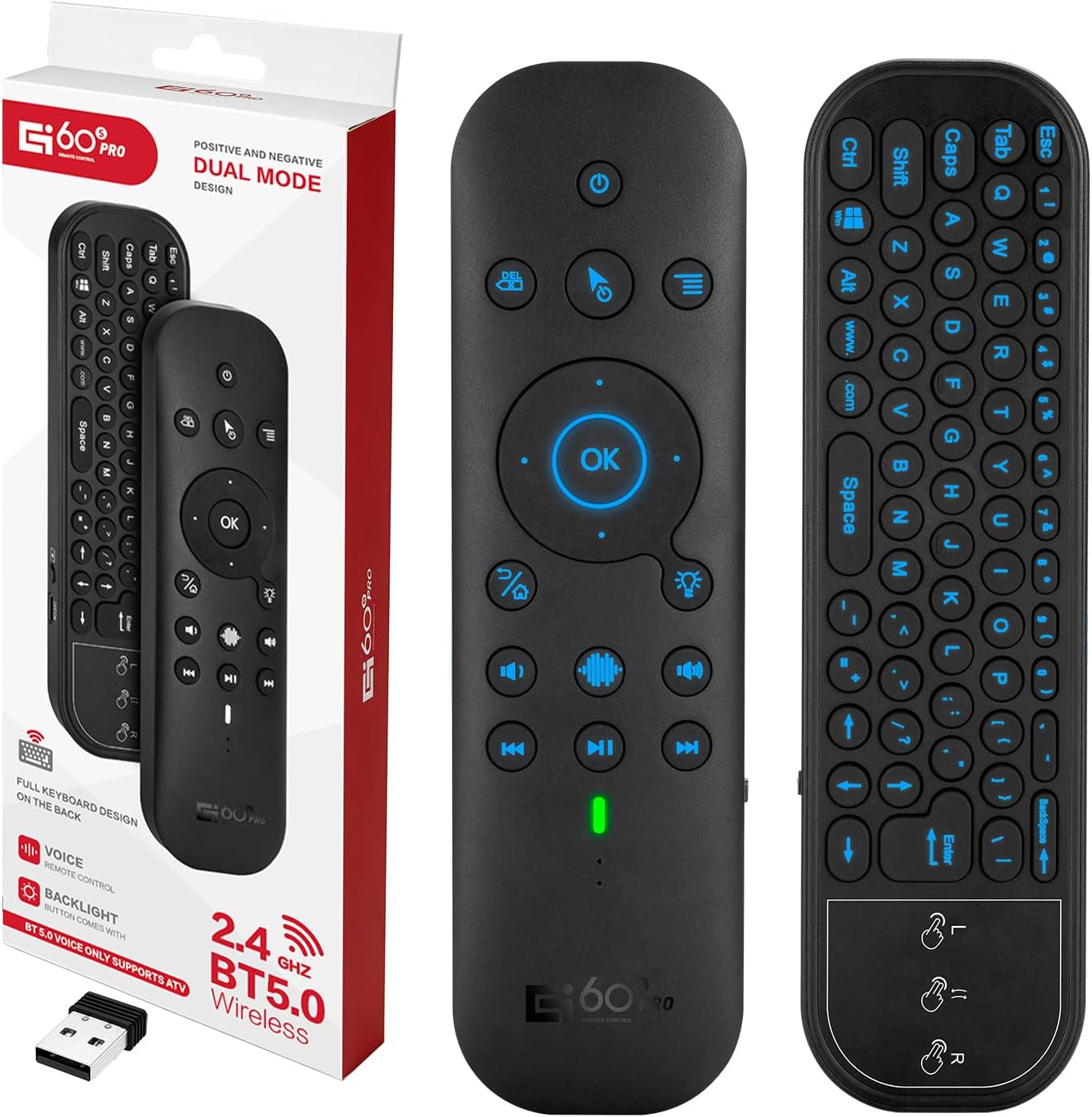 G60s Air Mouse Remote Control Voice with 2.4G USB Dongle, Bluetooth Rechargeable Backlit Mini Bluetooth Keyboard for Android TV Box, Smart TV, Laptop, PC, Projector, HTPC, Media Player, Black