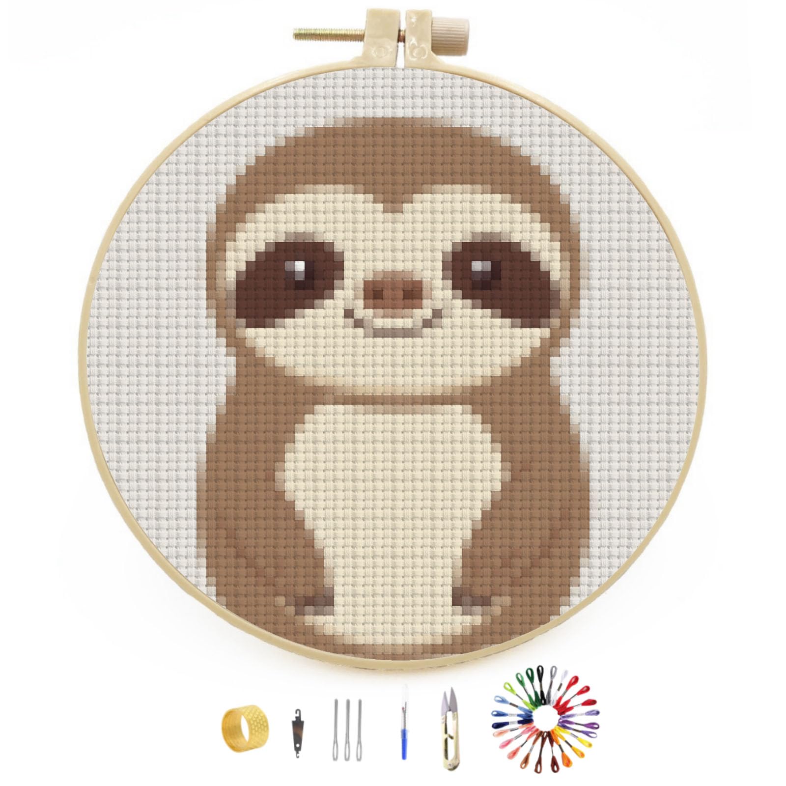Generic Easy Stamped A Cute Cartoon Sloth Cross Stitch Kit for Beginners with Hoop Simple Patterns 11CT Counted Embroidery Needlepoint Crafts Arts for DIY Enthusiasts and Home Decor 22x22cm