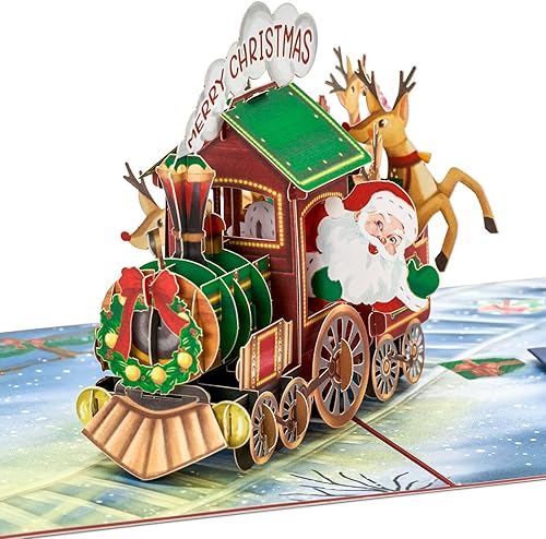 Miniatura 3 de POPWOW Tarjeta desplegable de trineo de Papá Noel, trineo rojo, reno, feliz Navidad, regalos de Navidad, Papá Noel, nieve, tren, tarjeta de