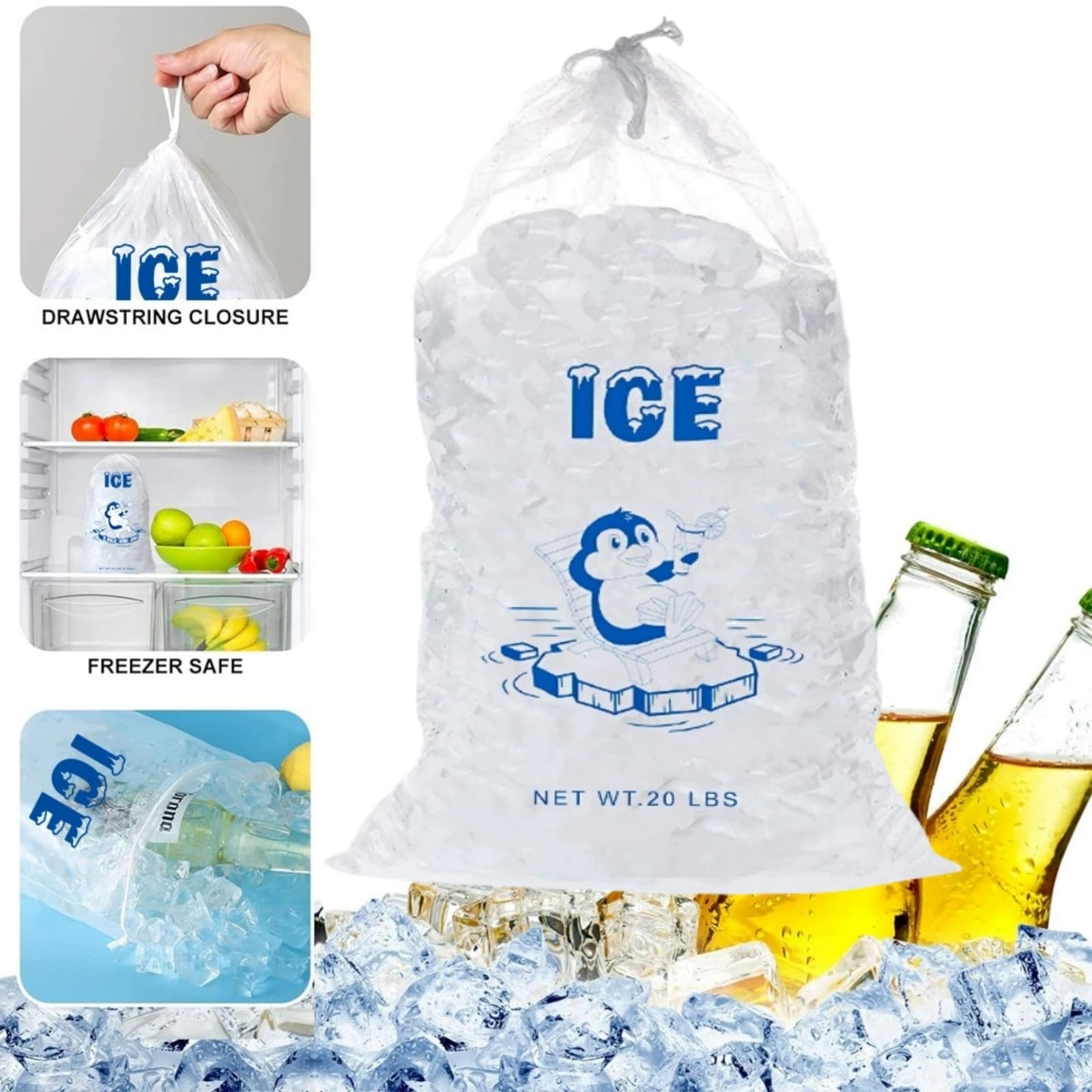 10PCS Plastic Ice Bags with Drawstring,Reusable Bag,Heavy Duty Ice Bags can Withstand 20 Pounds,Thickened Empty Ice Bags,Ice Cube Bag,Ice Storage Bags for Freezer,Ice Bags for Ice Cubes,Ice Cubes - Image 2