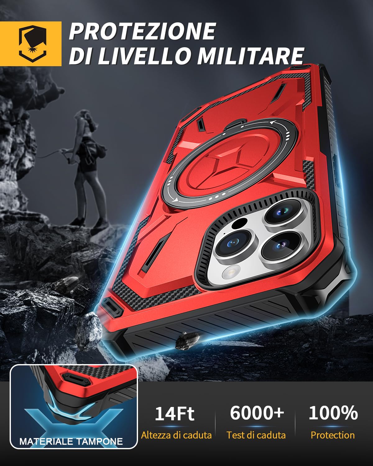 Lanhiem Cover iPhone 13 PRO Max con 2 Pezzi Vetro Temperato, Supporto Magnetico Anello a 360° Protezione 6FT Antiurto Anticaduta Militare Armor Protezione, Custodia iPhone 13 PRO Max, Rosso