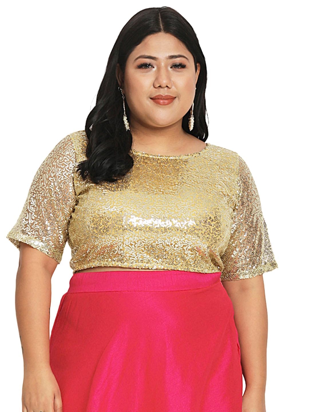 studio rasa Women's Plus Size Net Sequin Embroidered Sheer Sleeves Crop Top for Wedding Festive Party-picture-17