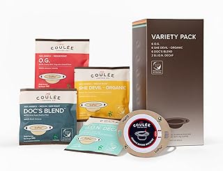 Coulée EcoPour Coffee Variety Pack, Single Serve Pour Over Coffee, Use for Camping or Traveling, Pre Filled Compostable Filters, Ready to Brew with Hot Water, Includes 4 Flavors, 20 Pack
