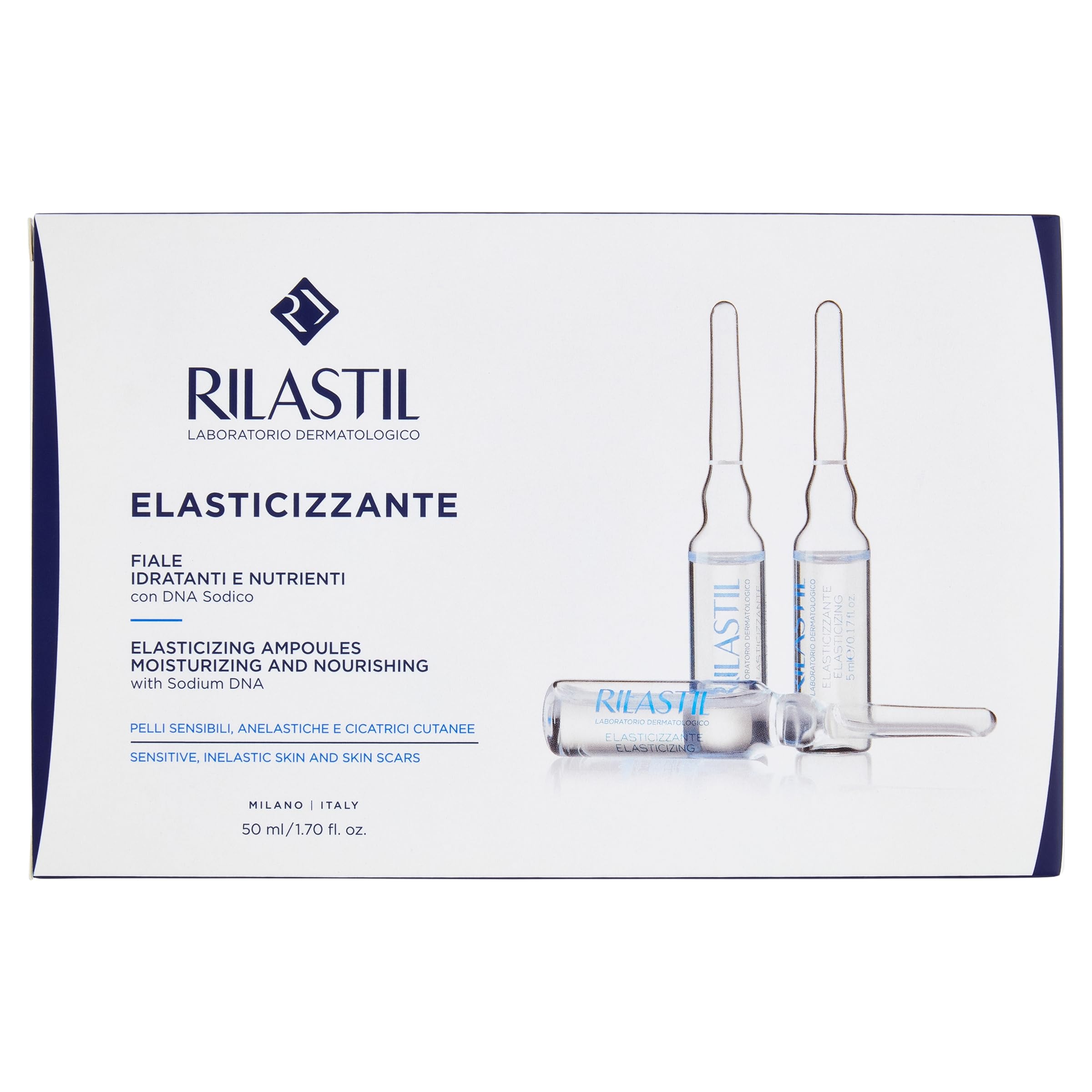 Rilastil Fiale Elasticizzante, Trattamento delle Cicatrici, Viso e Corpo Idratanti e Nutrienti per tutti Tipi di Pelle anche Delicate e Sensibili, Formato 10x5ml