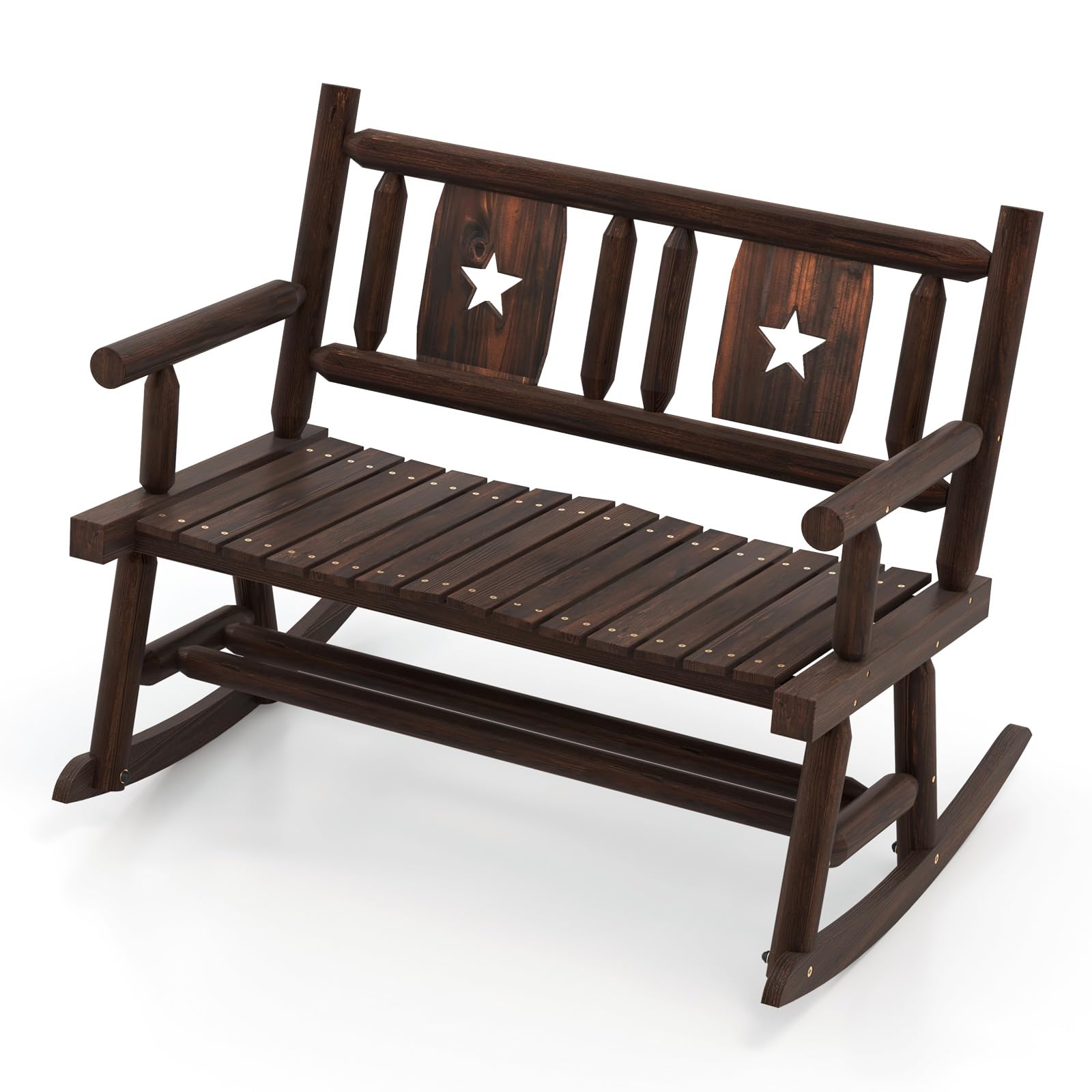 COSTWAY Banco Mecedora Jardin Exterior de 2 Plazas, Banco Madera Carbonizada con Respaldo y Reposabrazos, Banco Jardin Patio Terraza Porche, Carga 320 kg, 111 x 85 x 89 cm, Marrón Rústico