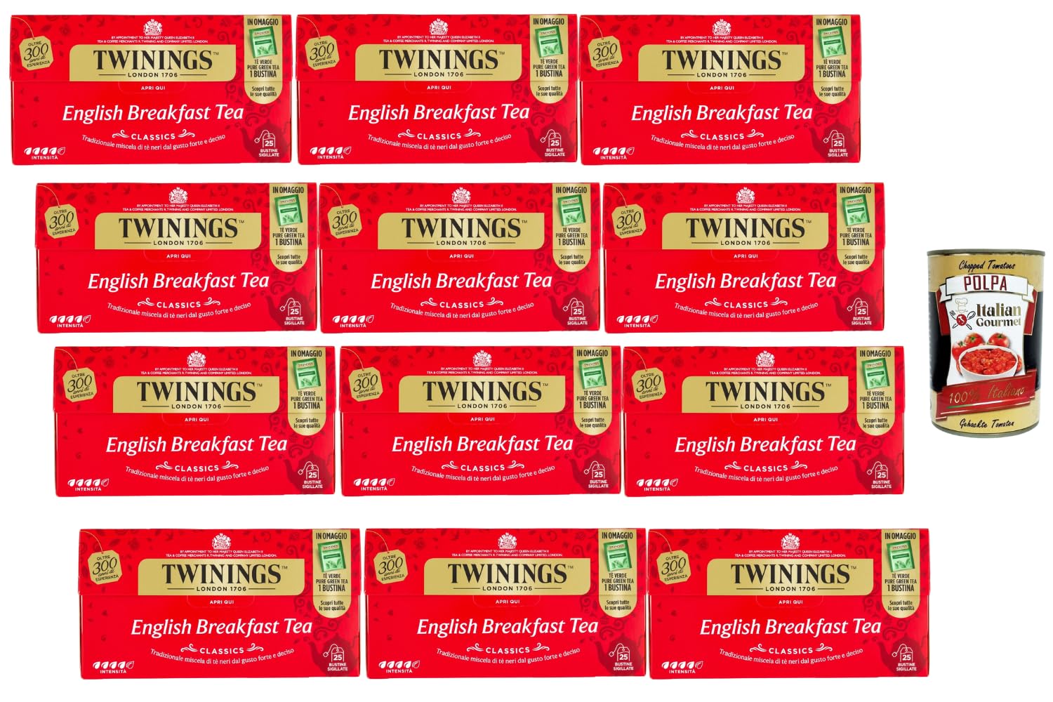 Italian Gourmet Schwarzer Tee English Breakfast 12er Pack, 12 x 25 Teebeutel 50 g je Packung, kräftig & malzig, Frühstückstee für Morgenroutine, Büro & Gastro Vorratspack + Italian Gourmet Polpa