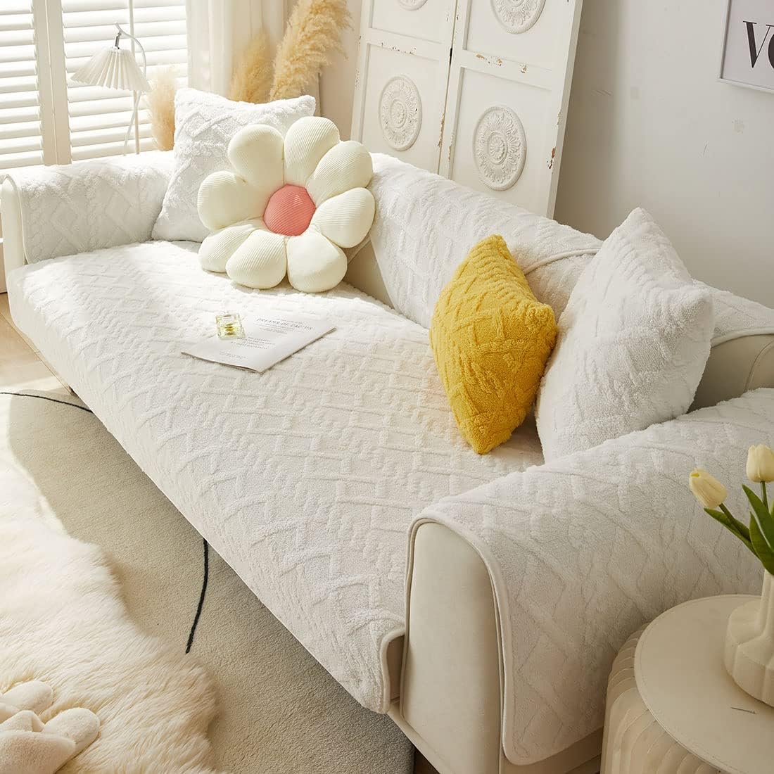 vctops Geometric Jacquard Plush Sofa Couch Covers Farmhouse Neutral Non Slip Sectional Couch Cover Soft Warm Sofa Slipcover for Dogs, Children, Pets Furniture Protector (White,28"x82") 1pc/28"x82"/Rectangular White