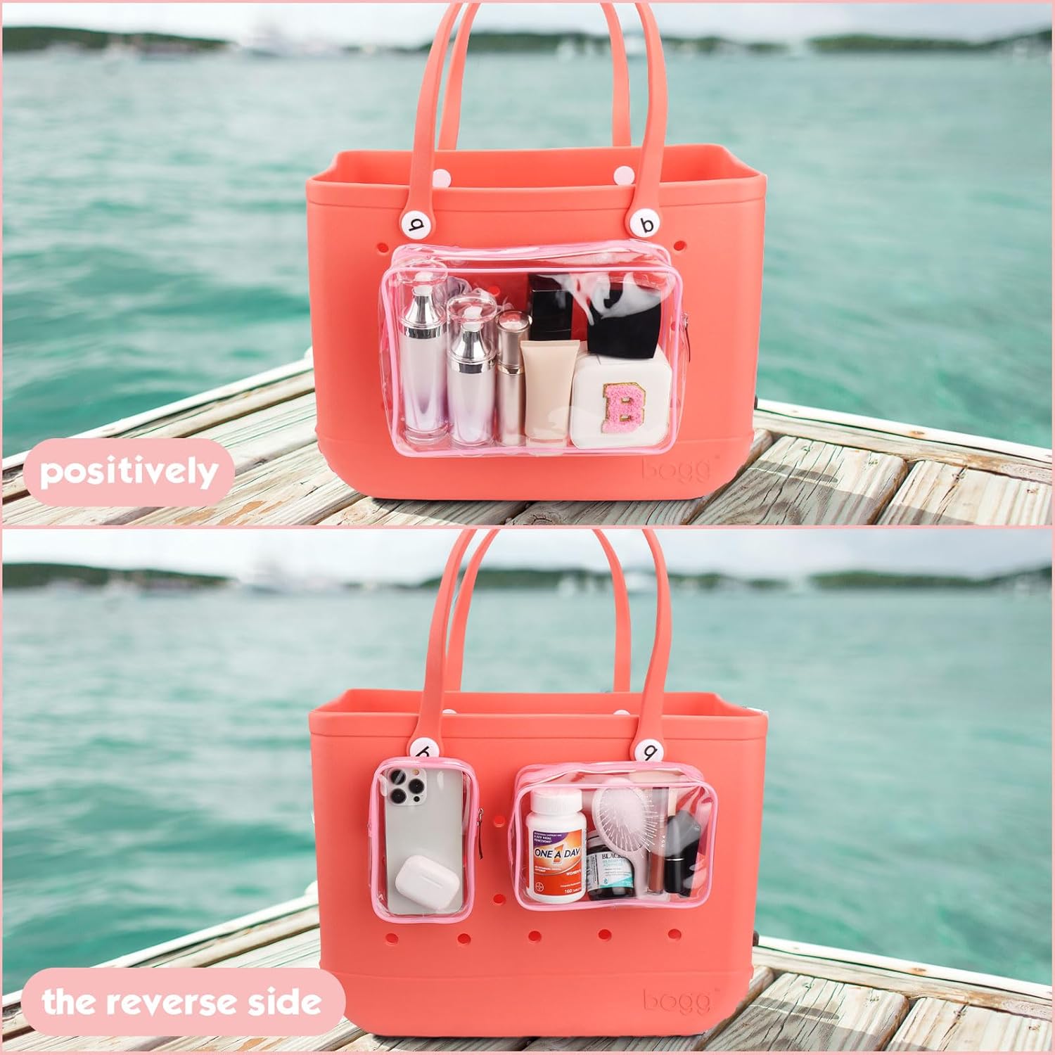 WALLFID 3PCS Waterproof Clear Insert Bag for X Large Bogg Bag Accessories,Waterproof Design,Transparent Travel Toiletry Brush Organizer for Beach Tote Bag,Three Sizes a Set (Pink) - Image 4