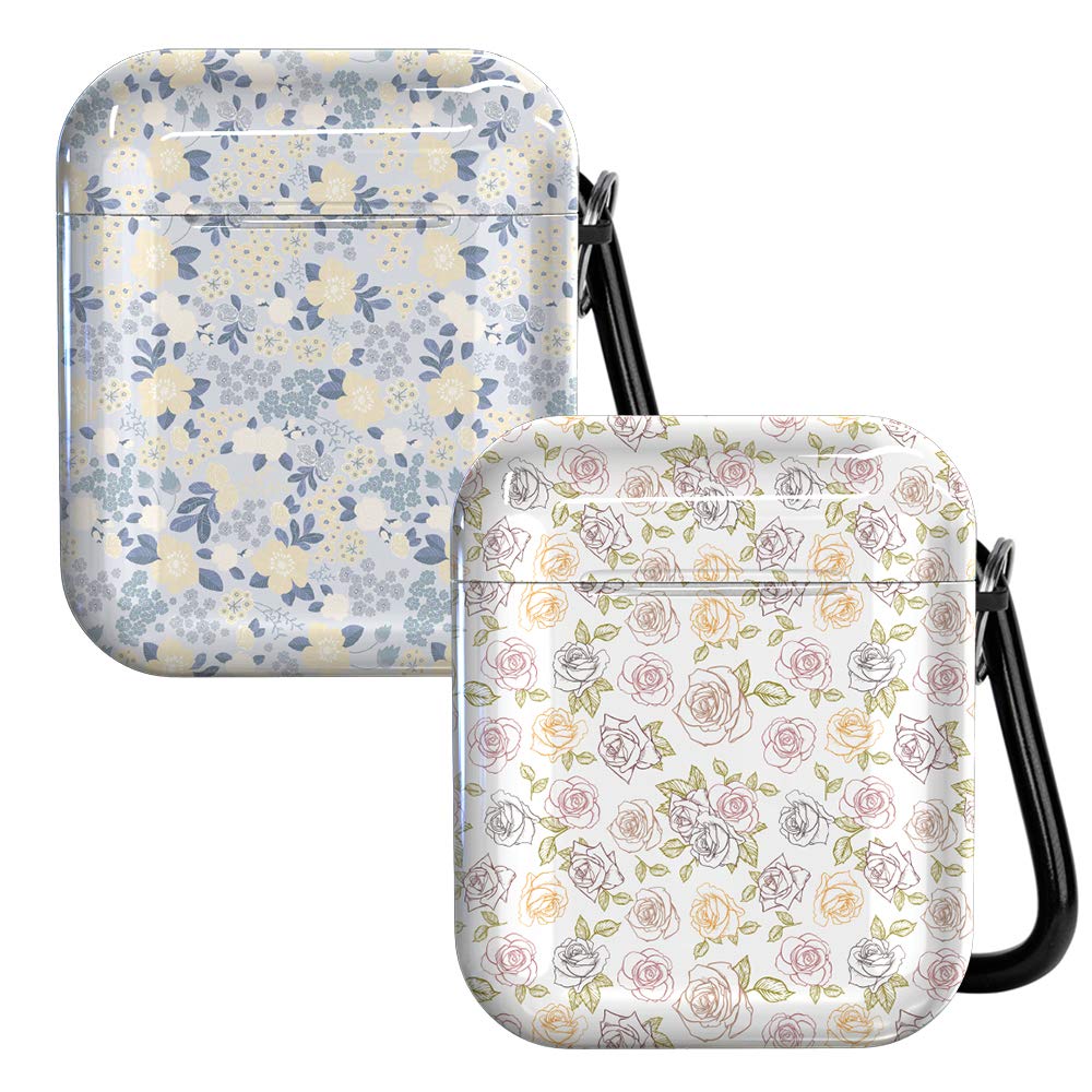 AirPods case, Soft TPU Shockproof Protective Cover Covering The Skin, with Keychain Accessory Set, Suitable for Airpod 1 & 2 - Pink Purple Flower Gold Blue Floral White