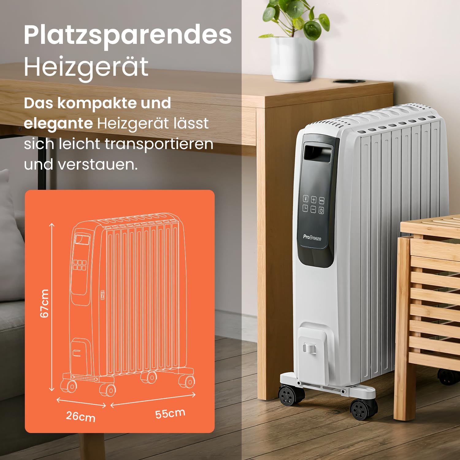 Pro Breeze Premium 2500W Ölradiator energiesparend mit digitalem Display & Fernbedienung - Heizkörper elektrisch mit 10 Rippen, 4 Heizstufen, 24h Timer, Thermostat & Überhitzungsschutz