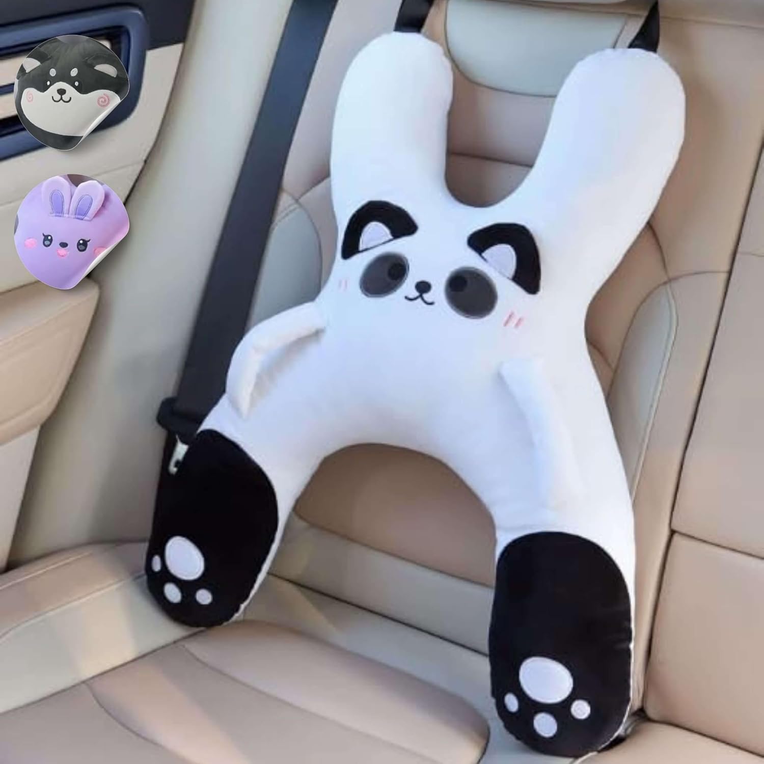 Kids Car Sleeping Pillow - X-Shaped Plush Animal for Neck & Back Support - Hands & Seat Belt Slot - Machine Washable & Compressible - Perfect for Car, Plane, Train, Boat & More - White
