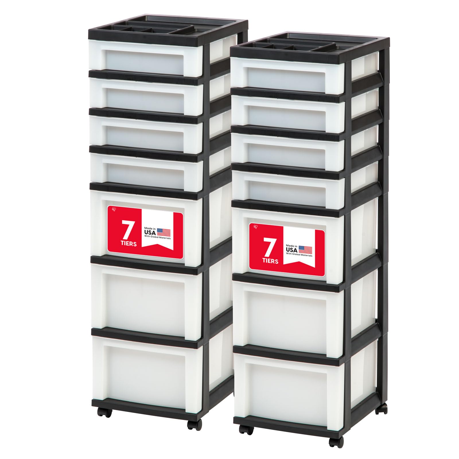 IRIS USA Plastic Drawer Storage Organizer Rolling Cart, with Wheels Casters, 2-Pack, 7-Drawers, for Classroom Art Craft Supplies Dresser Closet