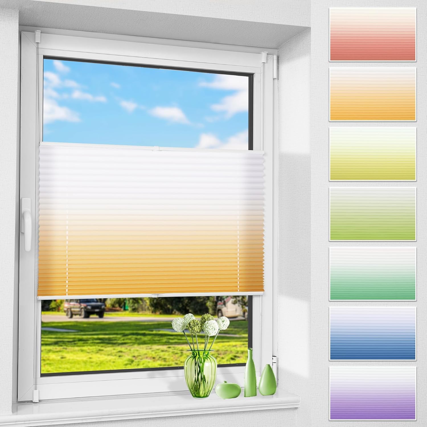 Allesin Plissee ohne Bohren mit Farbeverlauf, Orange-Weiß 95x130cm(BxH), Plissees Klemmfix, Plisseerollo Jalousie Rollos für Fenster und Tür, Sichtschutz und Sonnenschutz