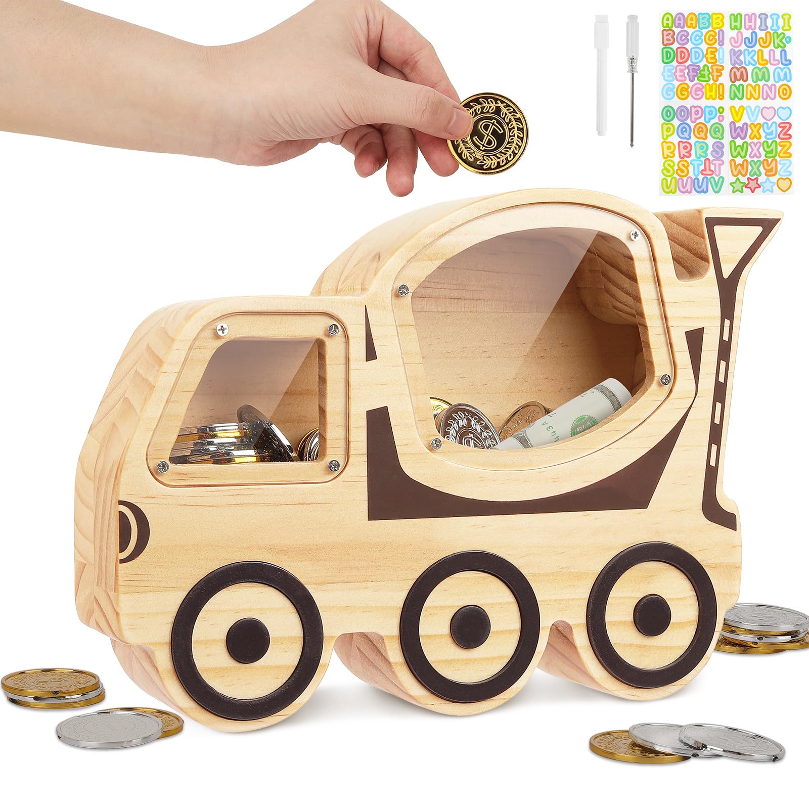 Salvadanaio Bambini in Legno con Adesivi e Pennarello, Riutilizzabile Salvadanaio Apribile Soldi Cash Box Risparmio Soldi per Bambini e Adulti - Betoniera